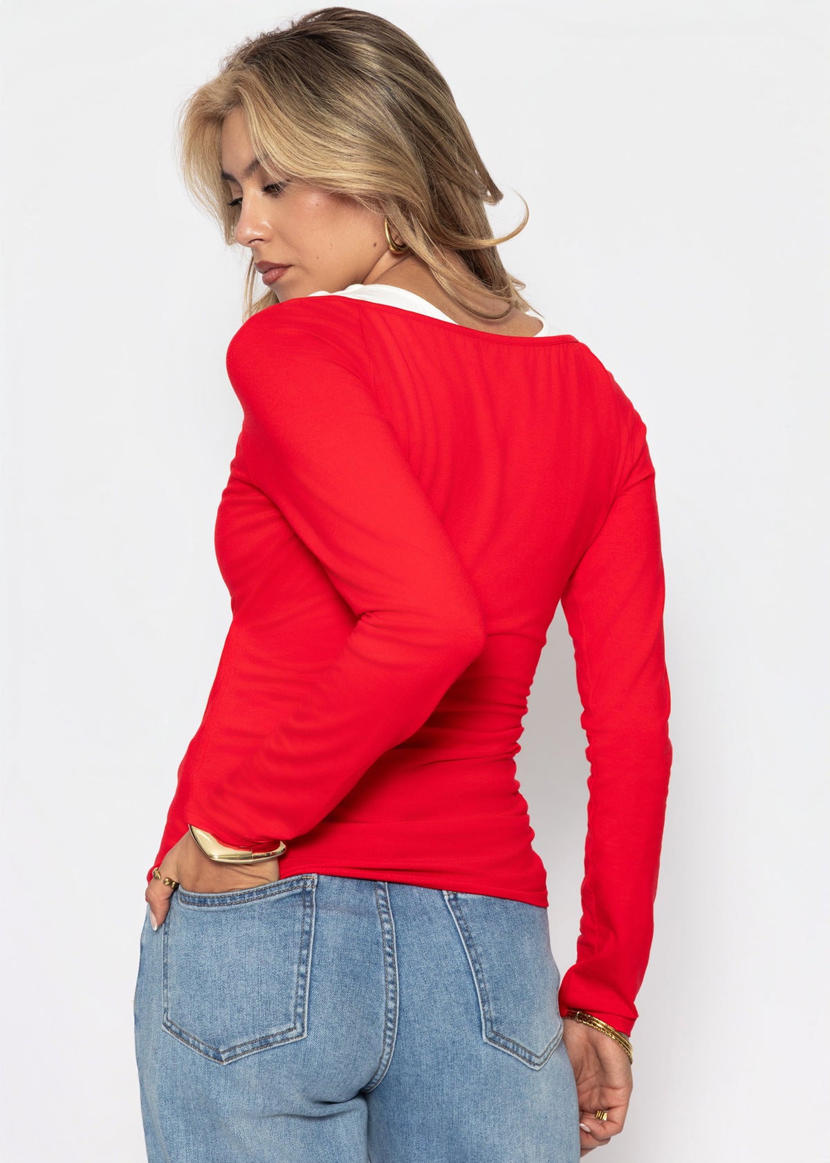 Long-sleeved top with wrap effect - red