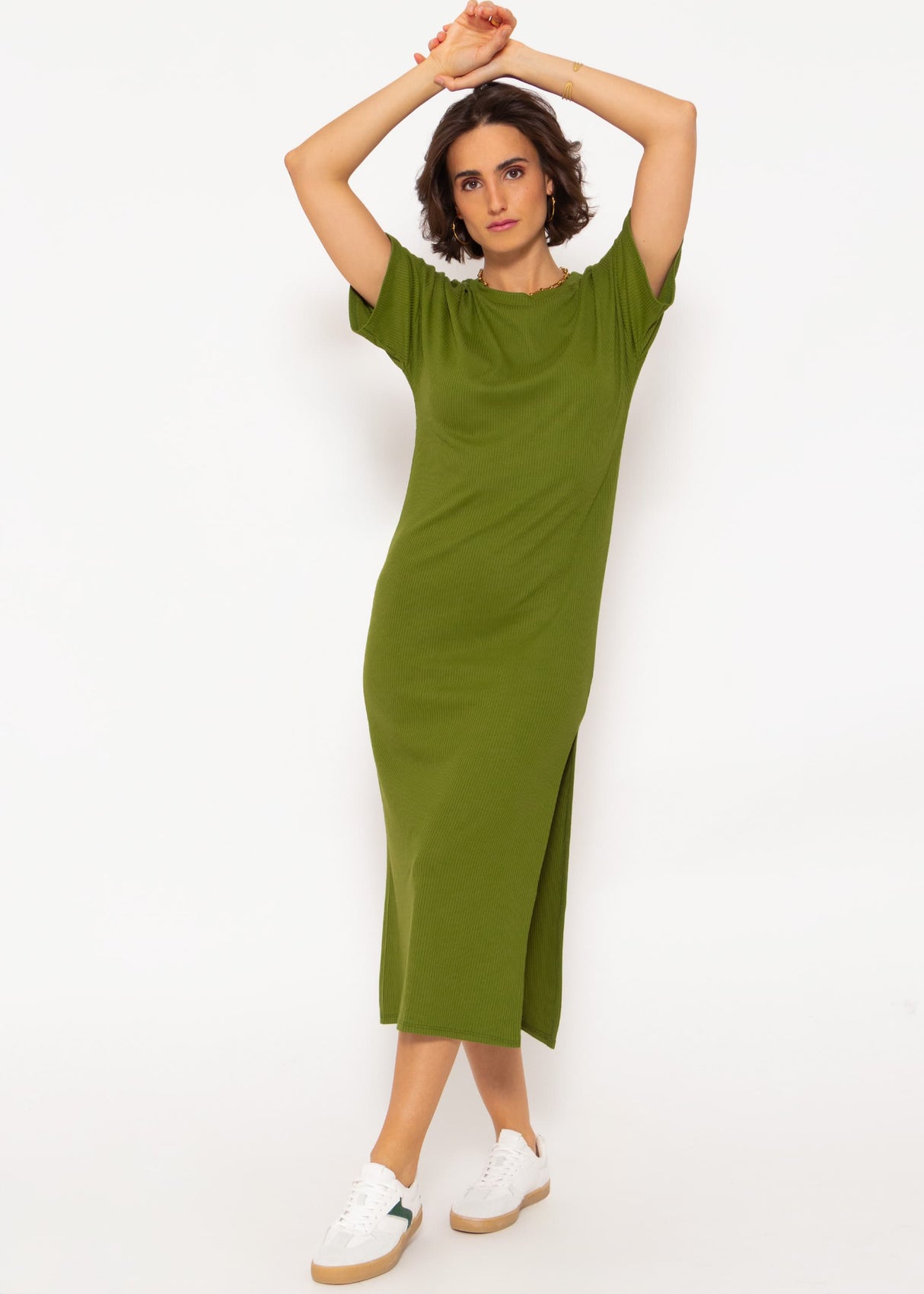 Maxi rip jersey dress with slit - khaki
