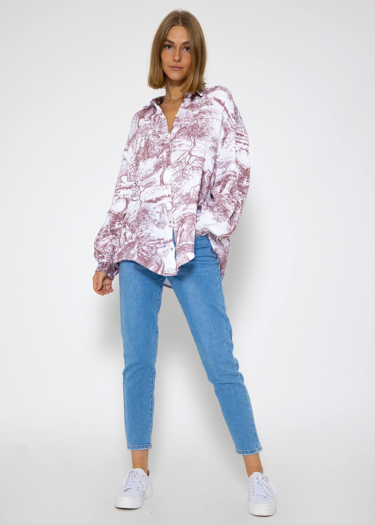 Muslin blouse with print, wine red