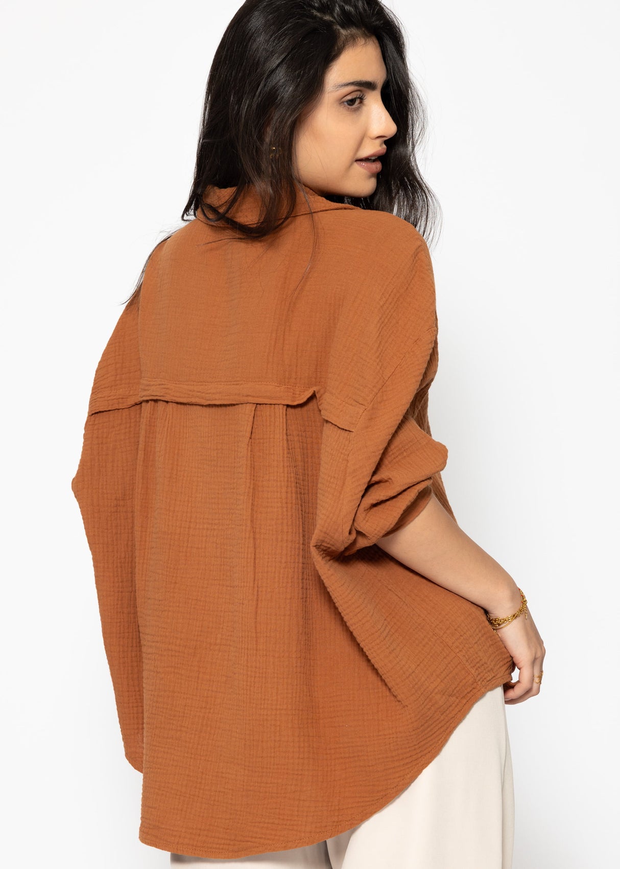 Musselin Bluse oversize, kurz, cognac