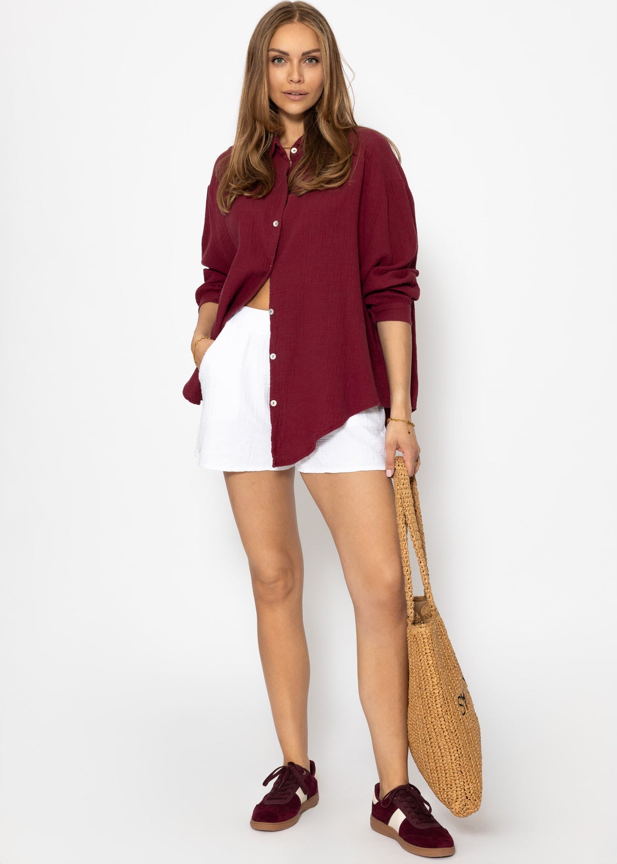 Muslin blouse oversize, short, dark red