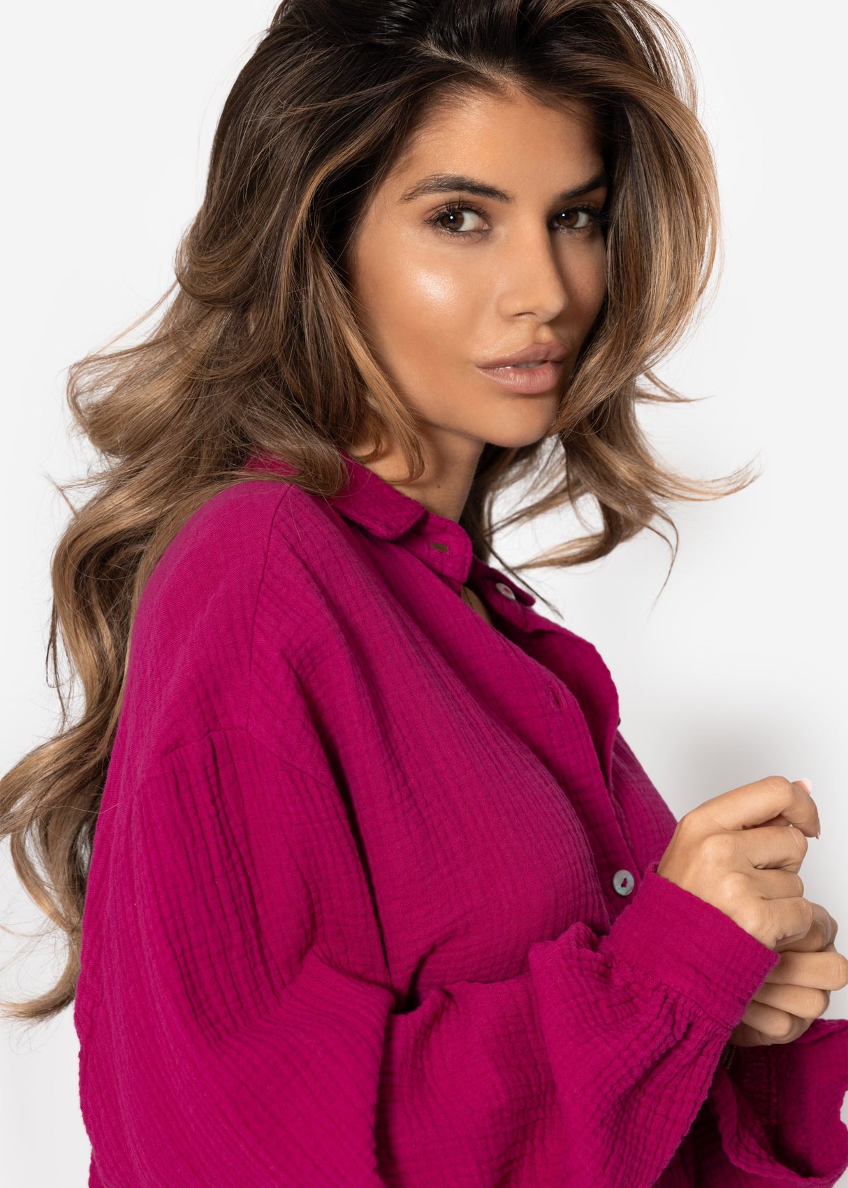 Muslin blouse oversize, short, fuchsia