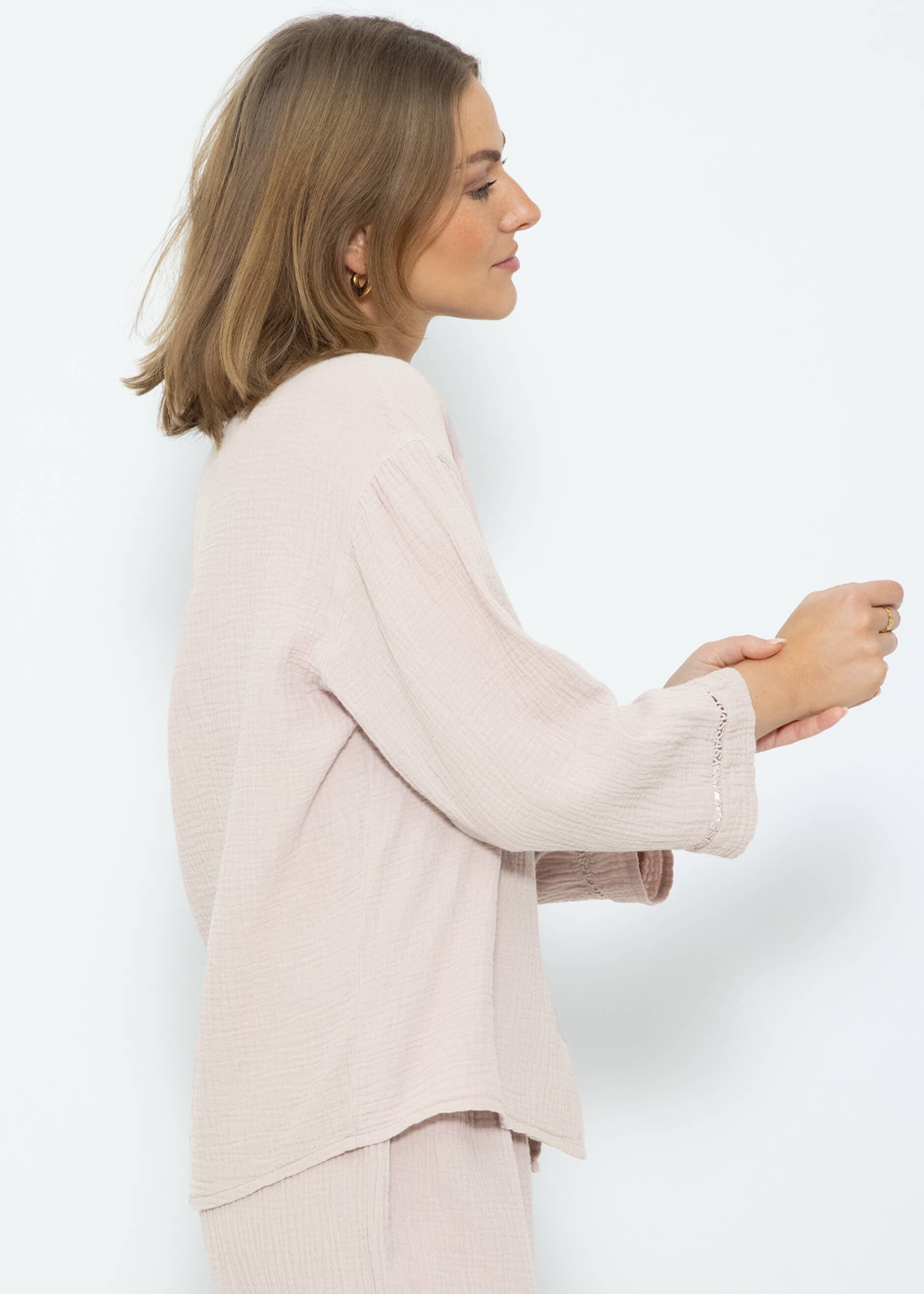 Musselin Pyjamabluse mit Spitzenborte - altrosa