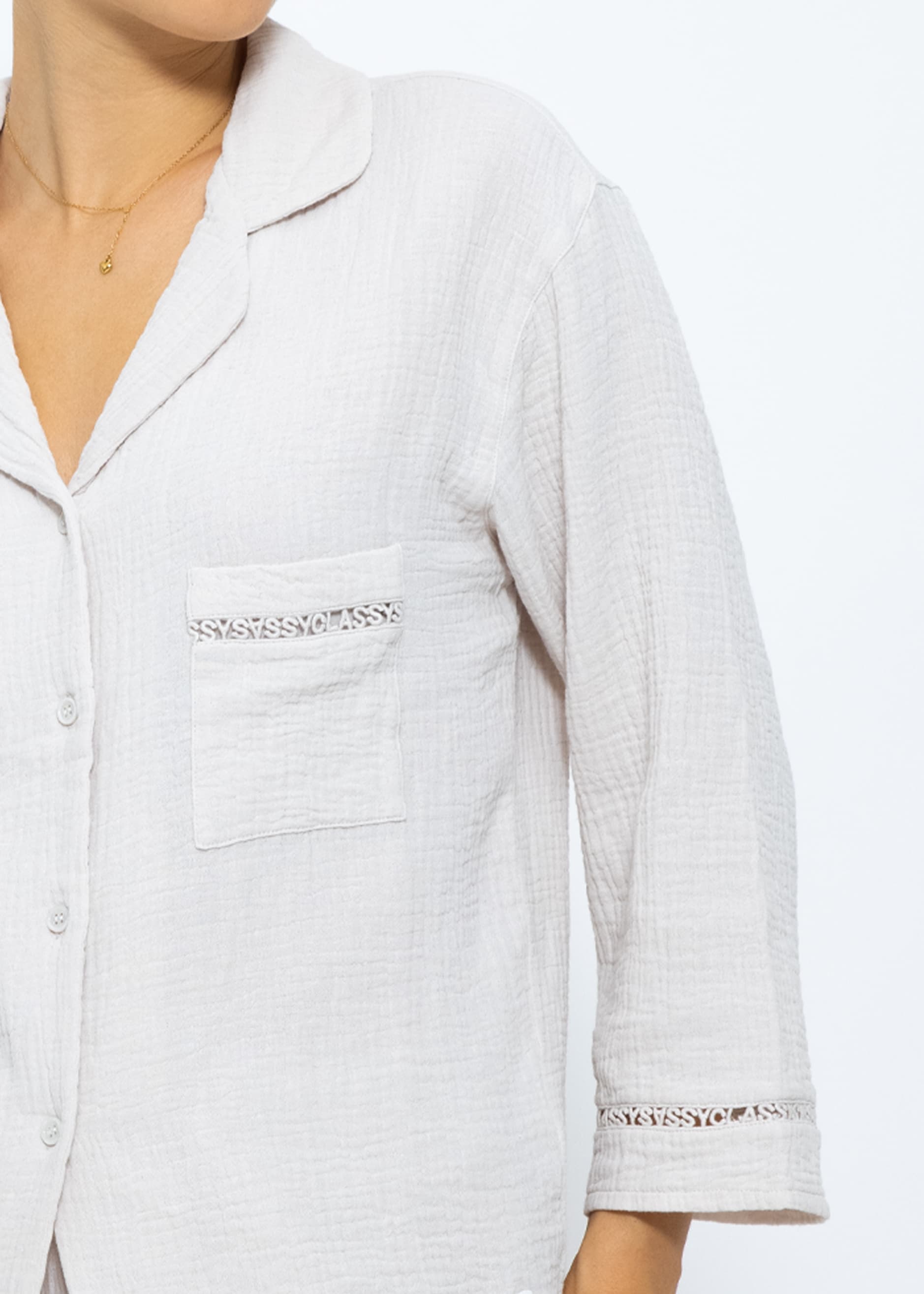 Muslin pajama blouse with lace trim - light beige