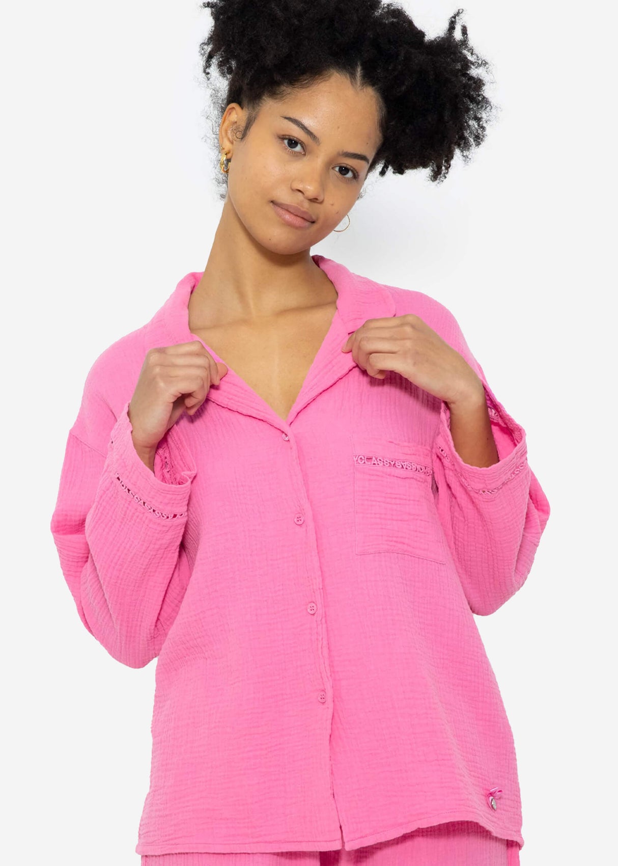 Muslin pajama blouse with lace trim - pink