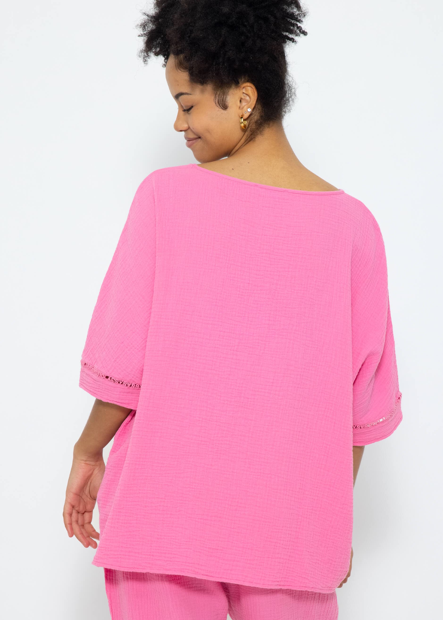 Muslin pajama shirt with lace trim - pink