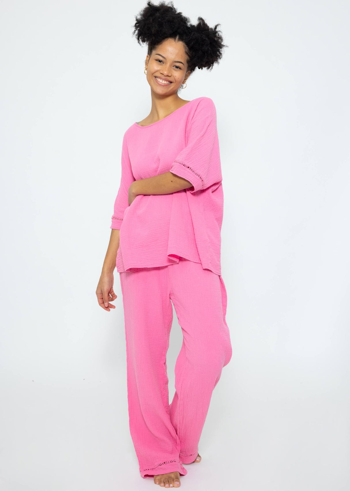 Muslin pajama shirt with lace trim - pink