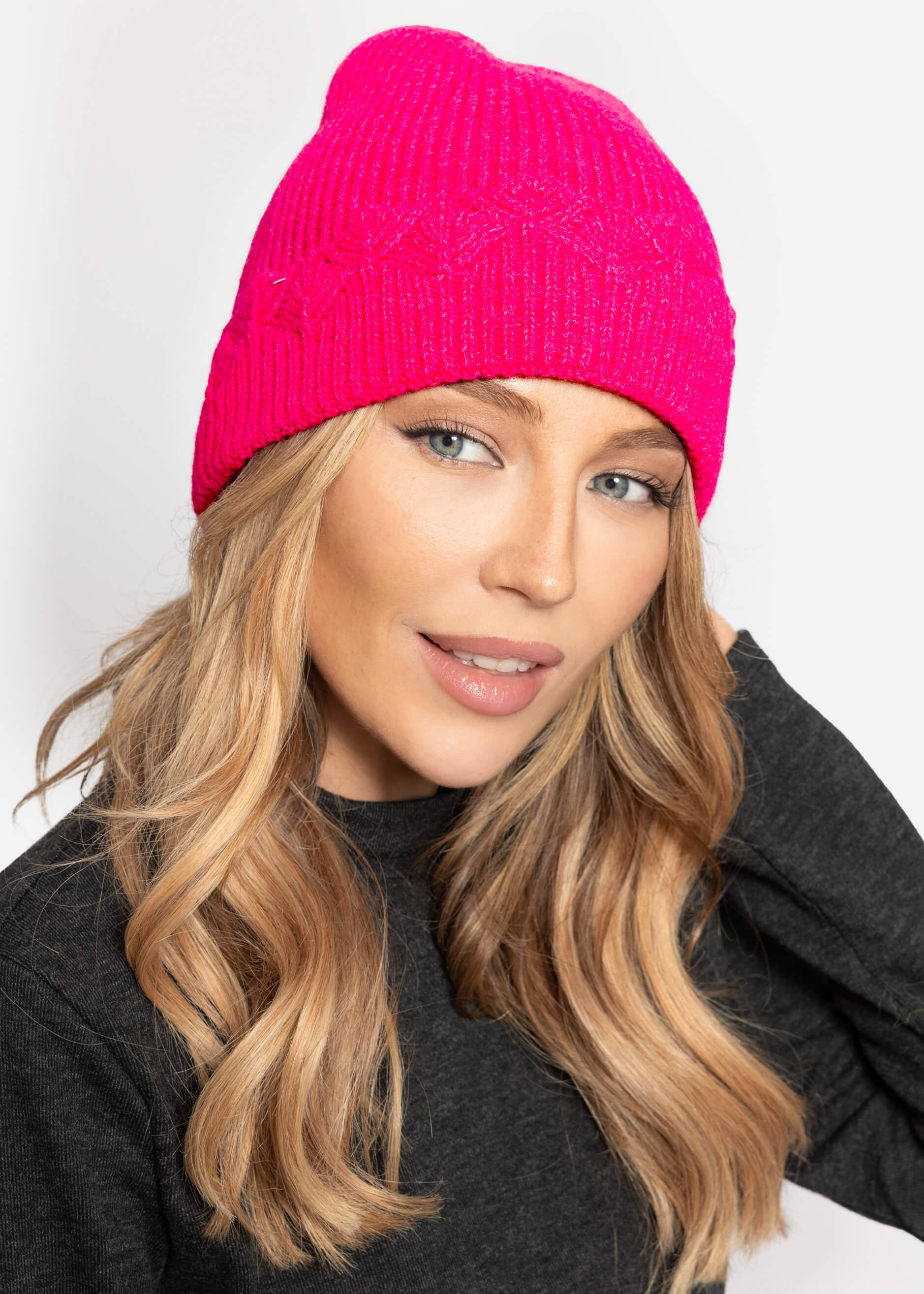 Hat with openwork knit trim - pink