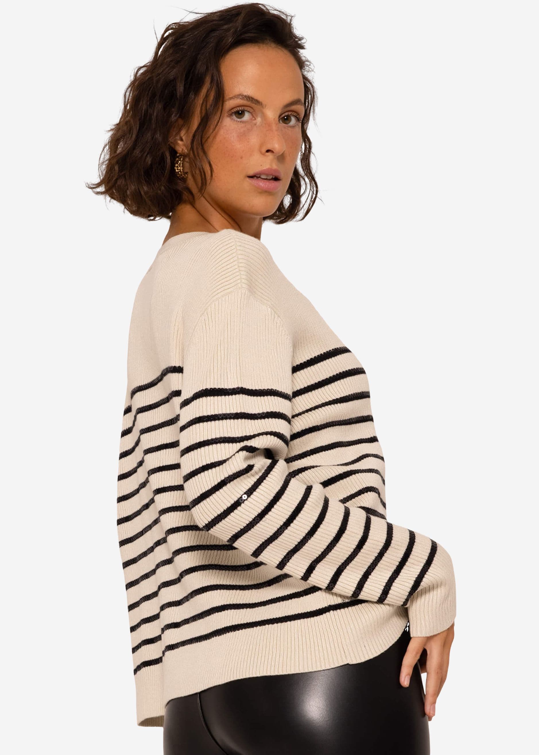 Pullover mit Pailletten Streifen - beige