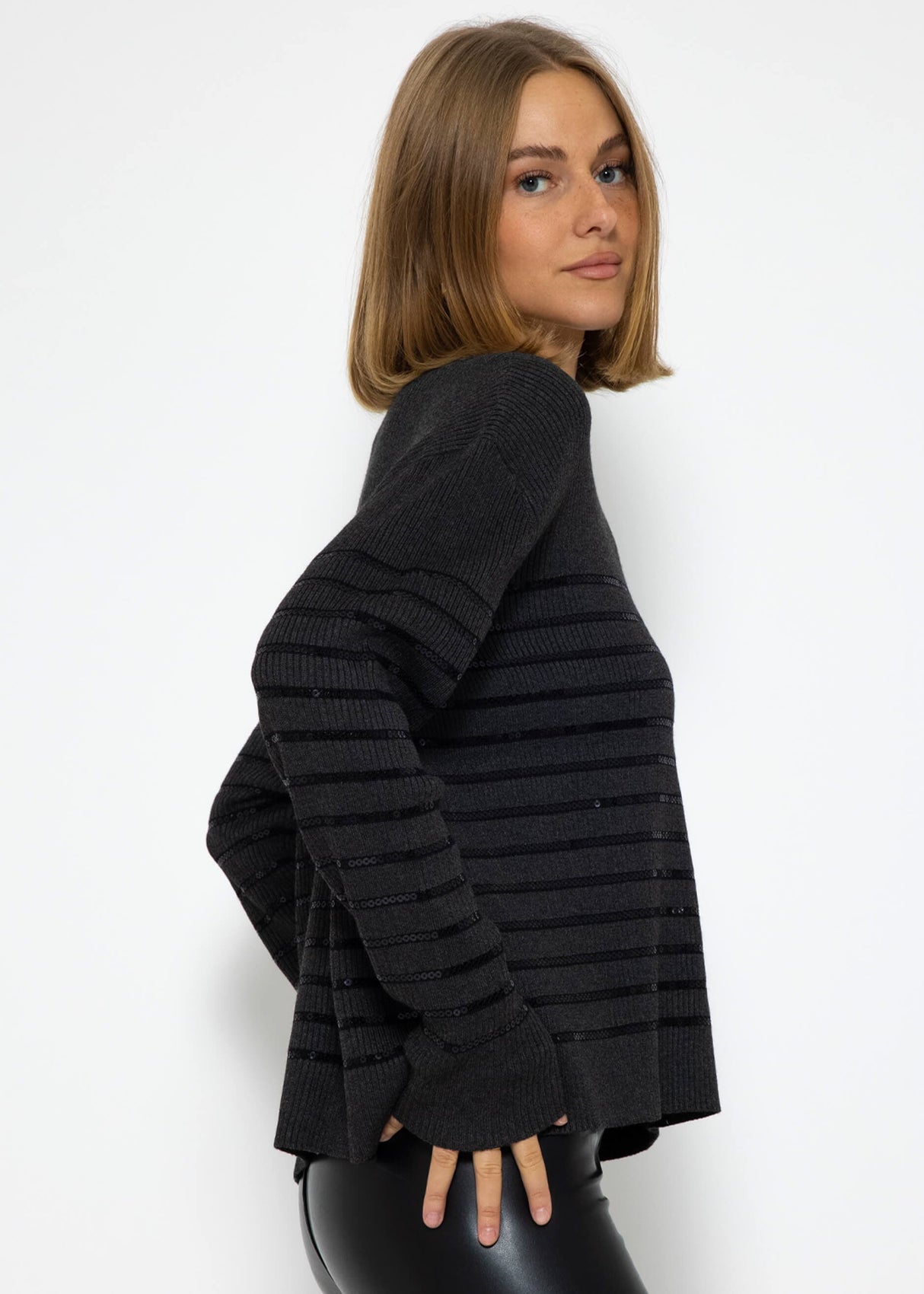 Sweater with sequin stripes - dark grey