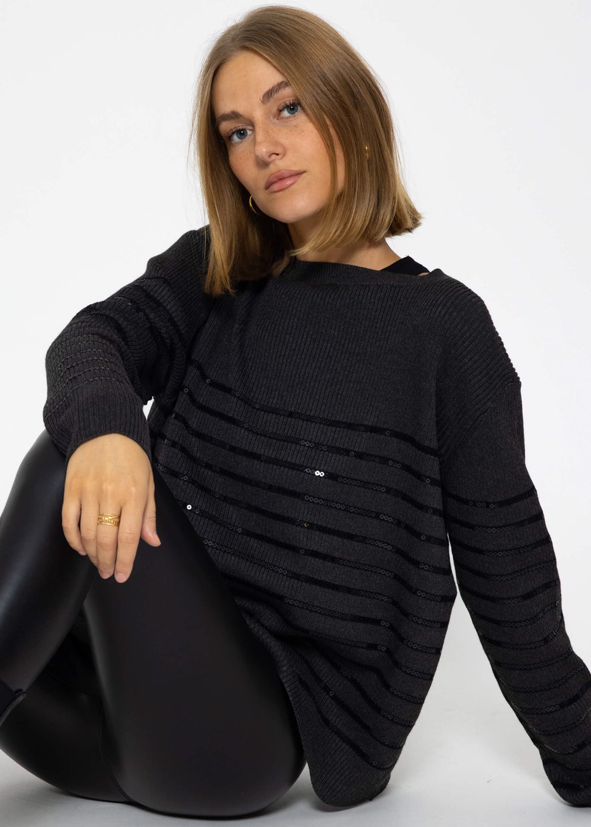 Sweater with sequin stripes - dark grey