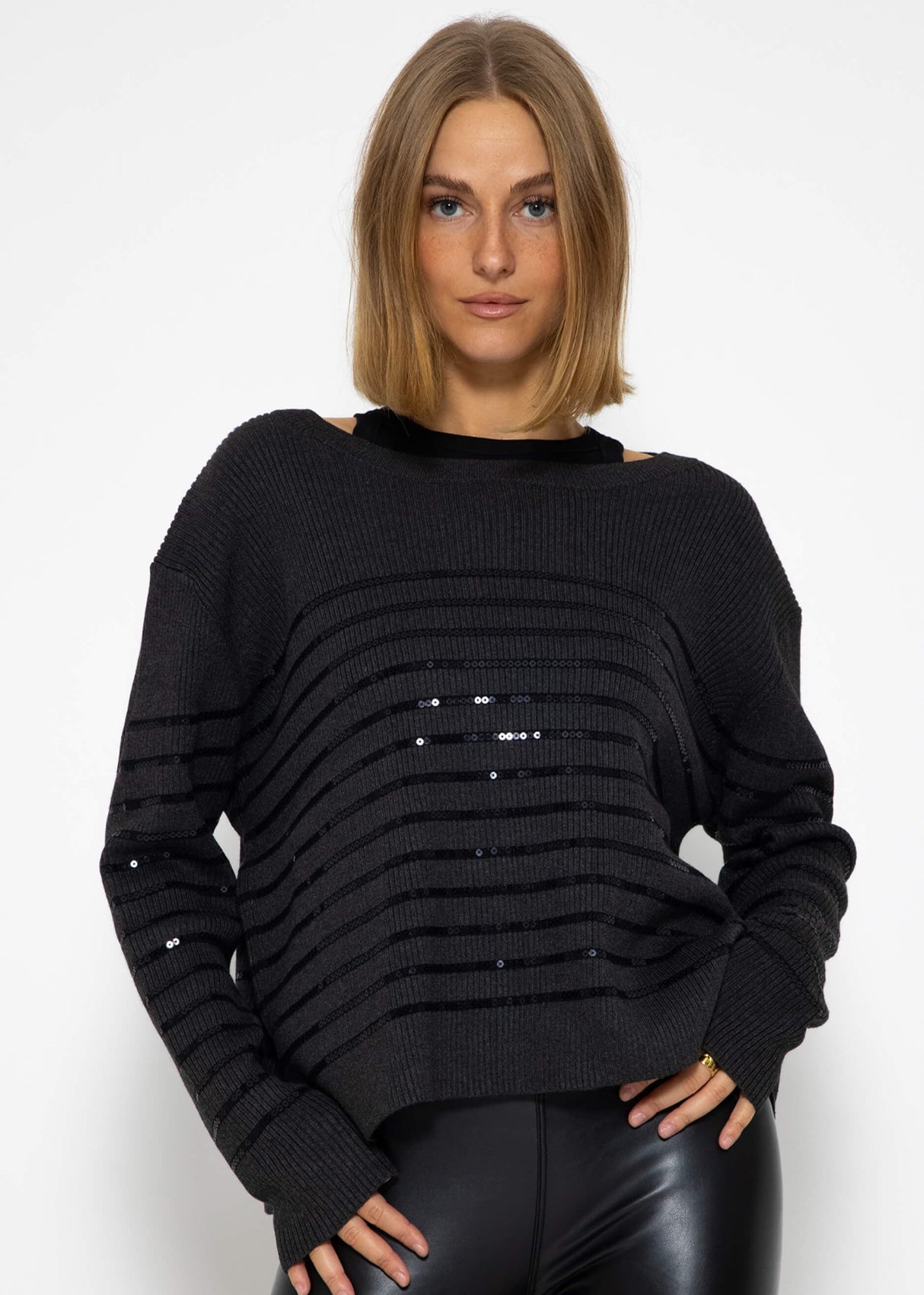 Sweater with sequin stripes - dark grey