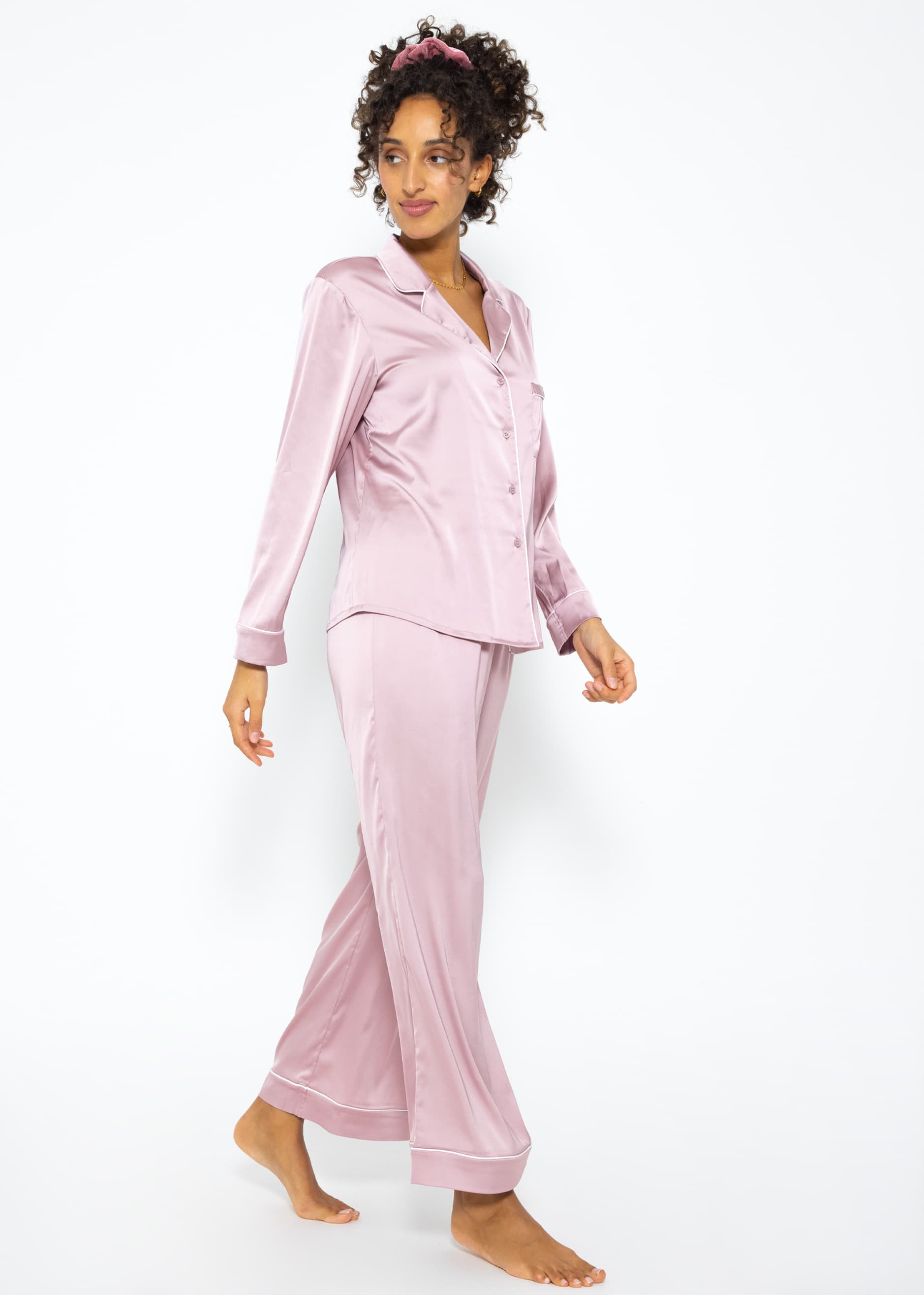 Satin pajama blouse with piping - pink