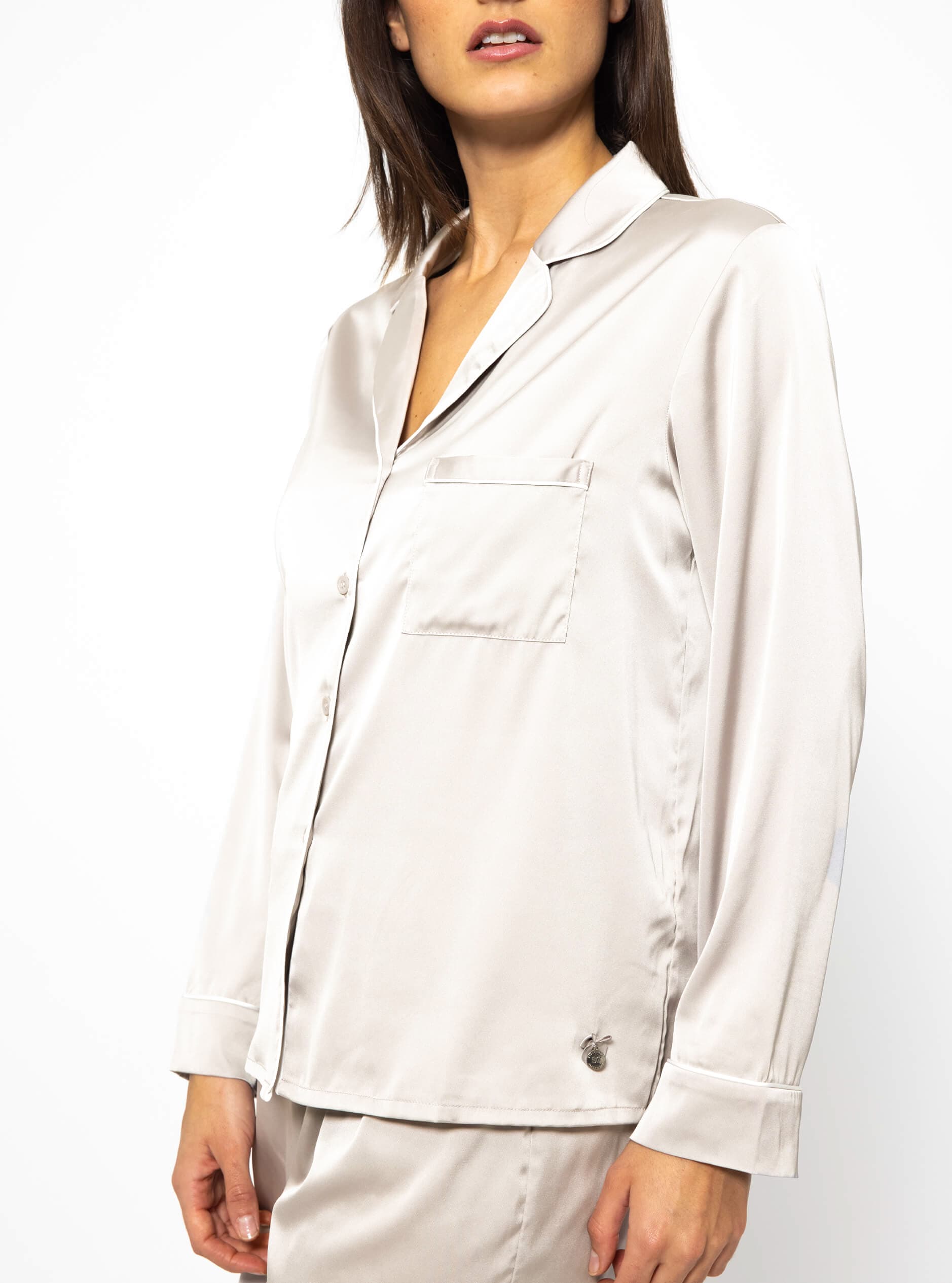 Satin pajama blouse with piping - champagne
