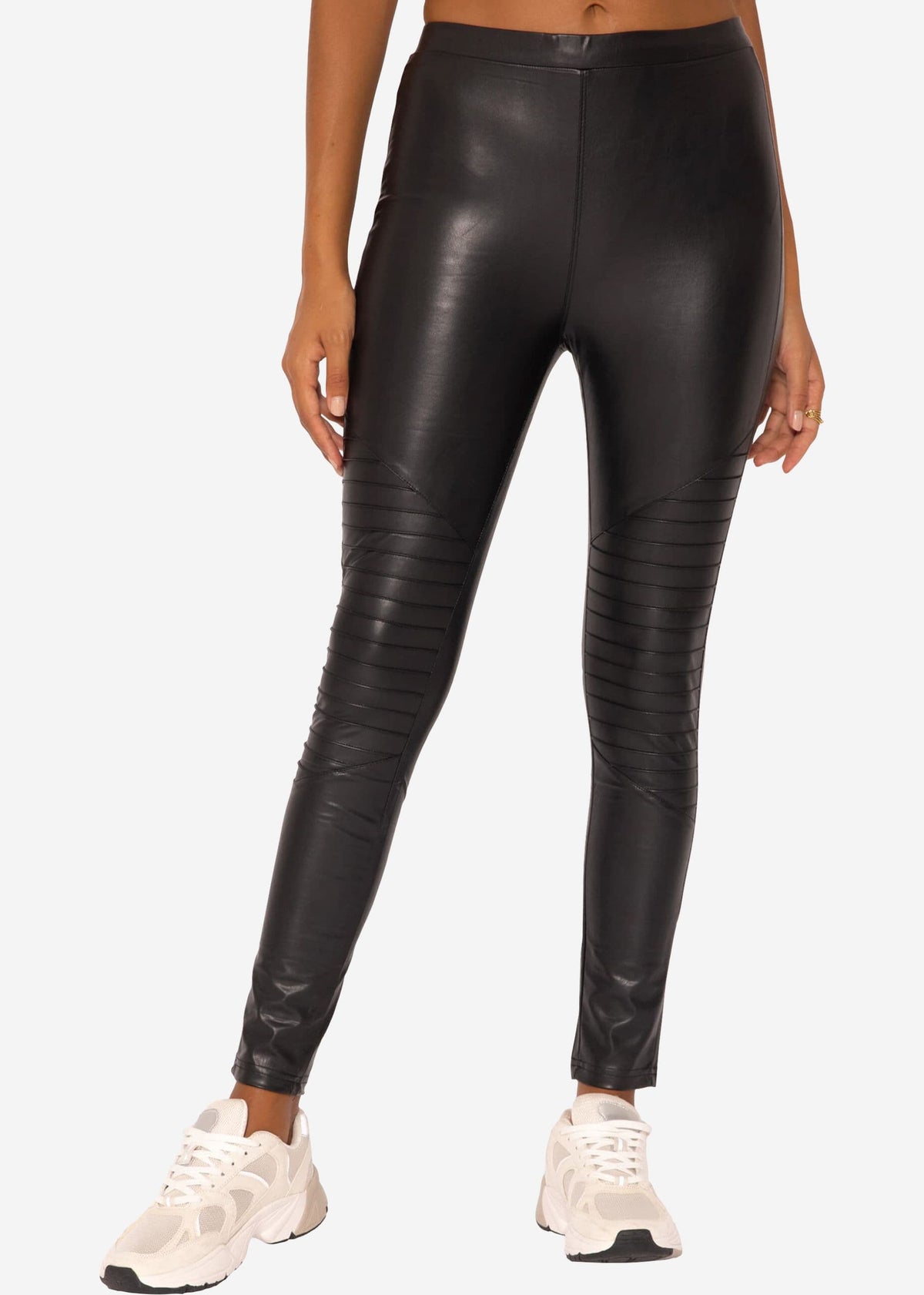 Faux leather leggings with stitching, black