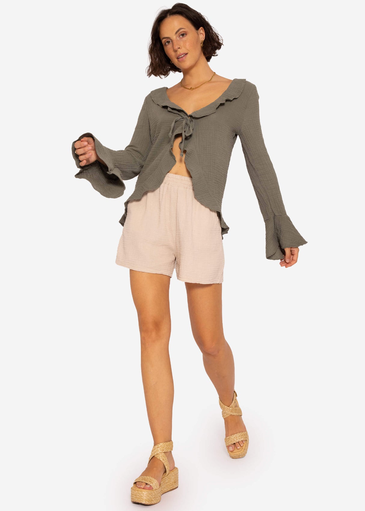 Musselin Cardigan mit Volants, khaki