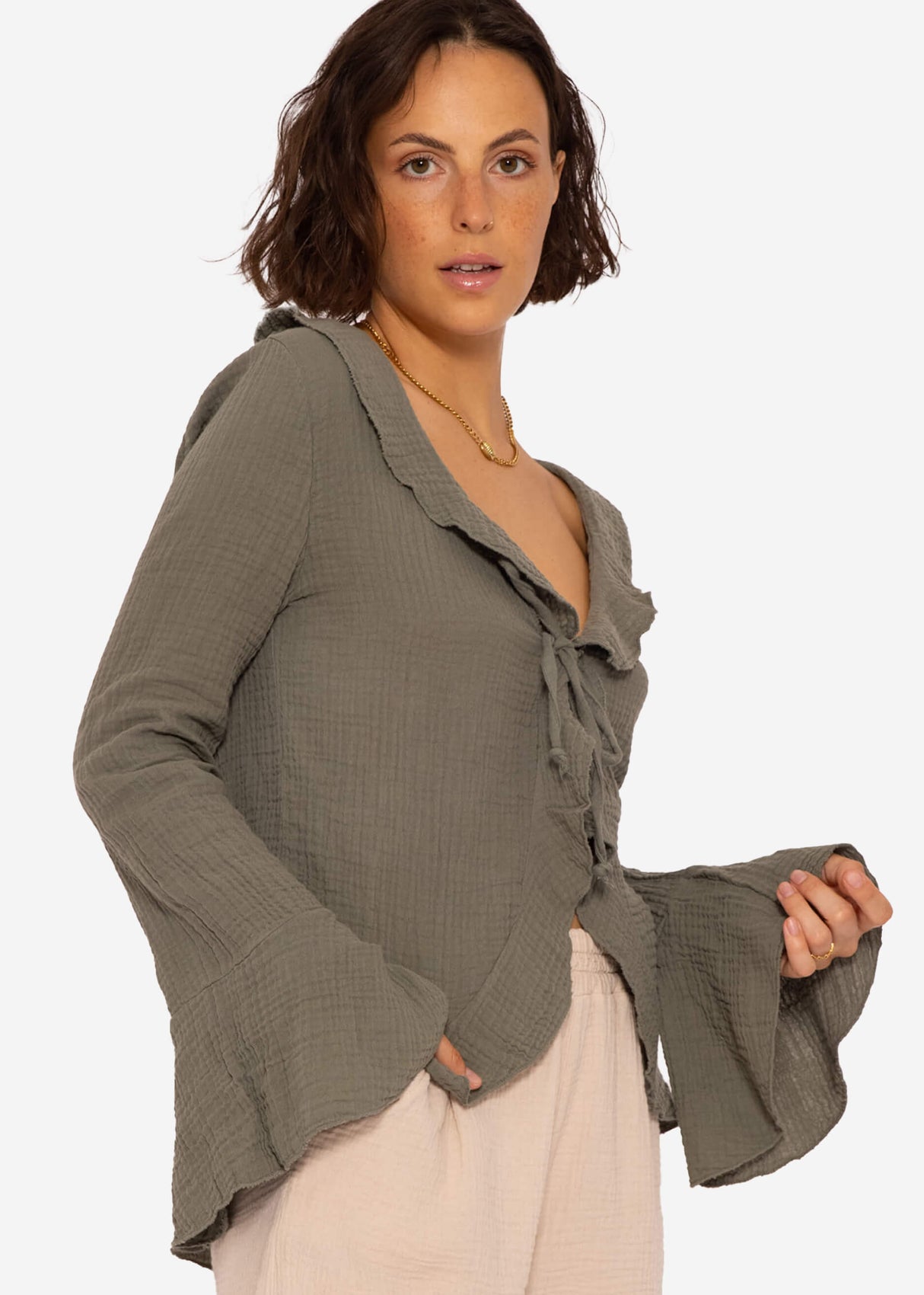 Musselin Cardigan mit Volants, khaki