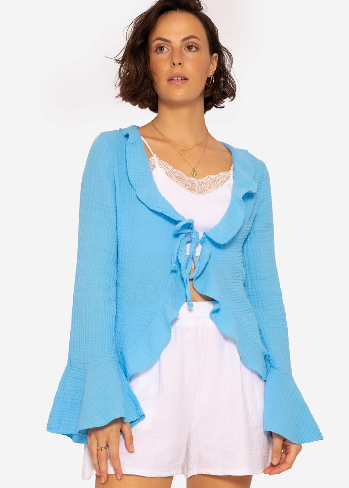 Musselin Cardigan mit Volants, blau