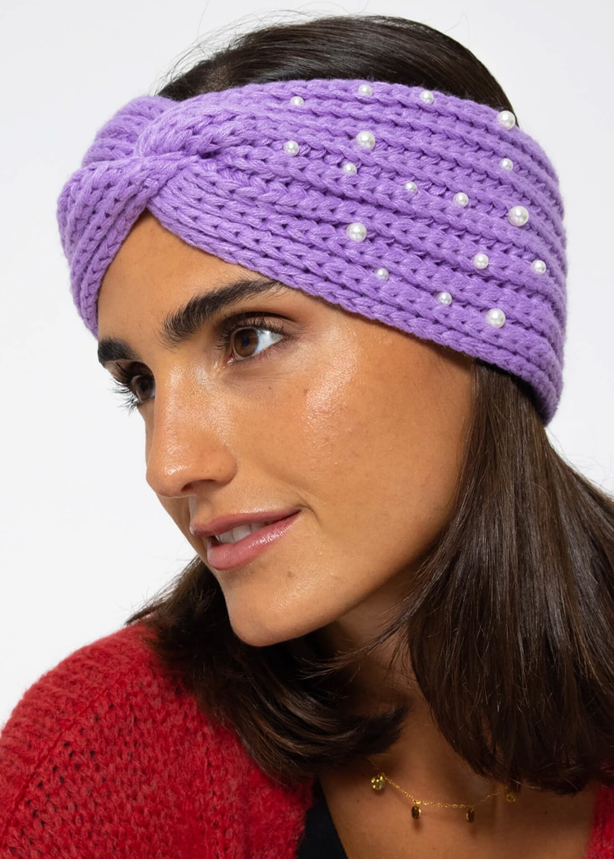 Knitted headband with pearls - purple