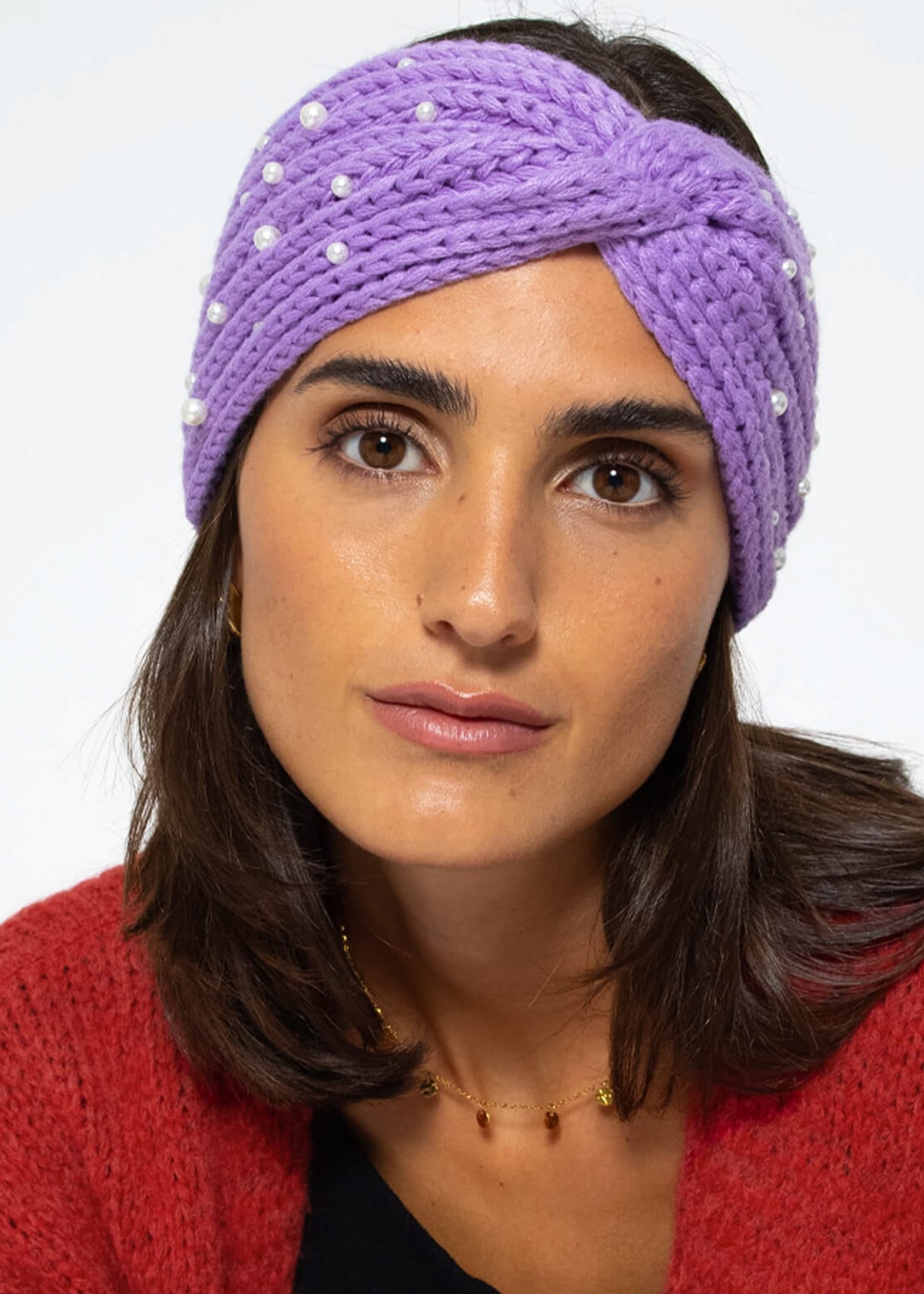 Knitted headband with pearls - purple