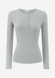 Ribbed long-sleeved top with button placket - grey