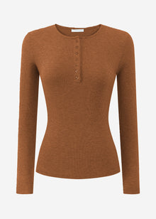 Ribbed long-sleeved top with button placket - brown