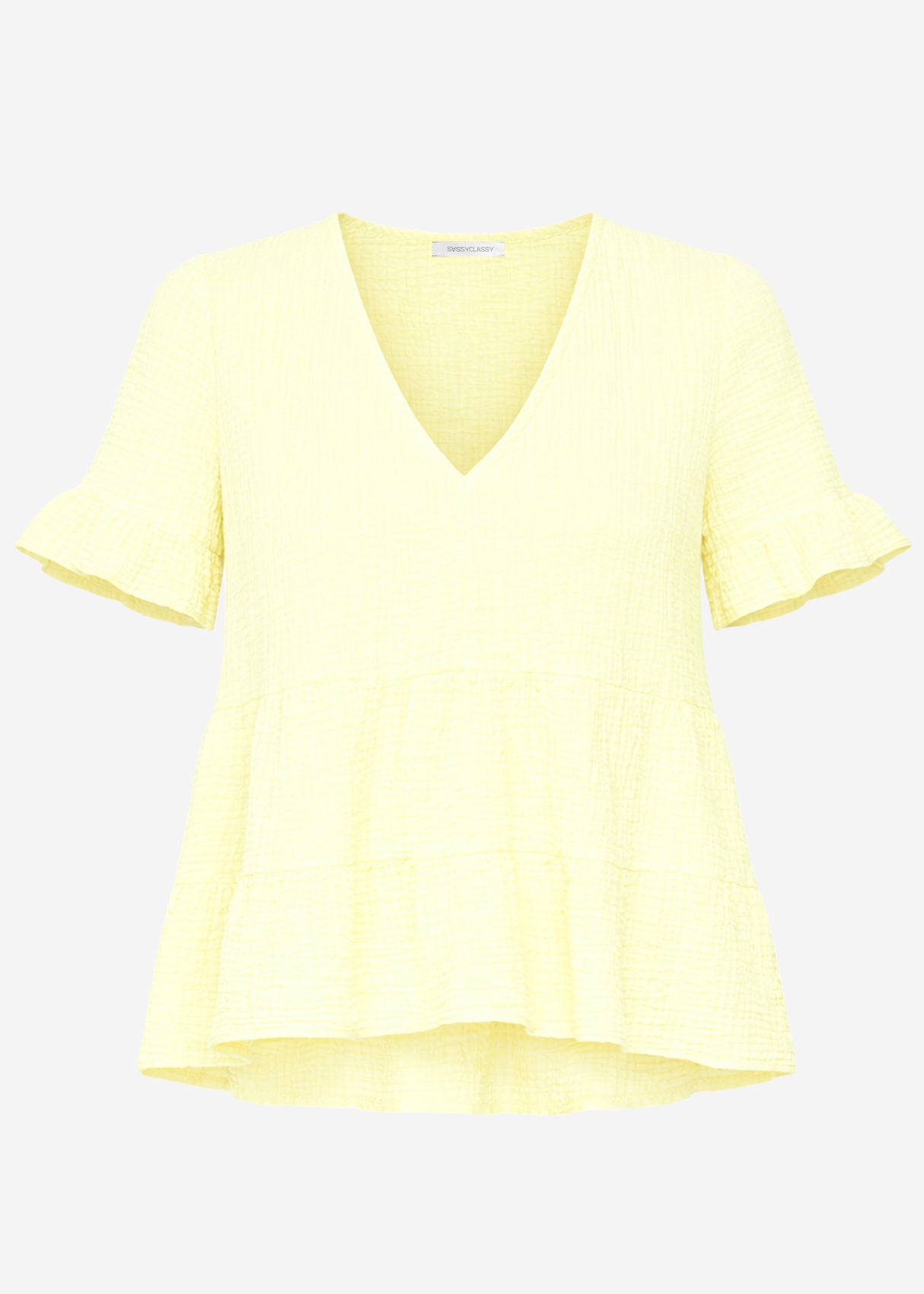 Muslin shirt with ruffles and deep V-neck - butter yellow