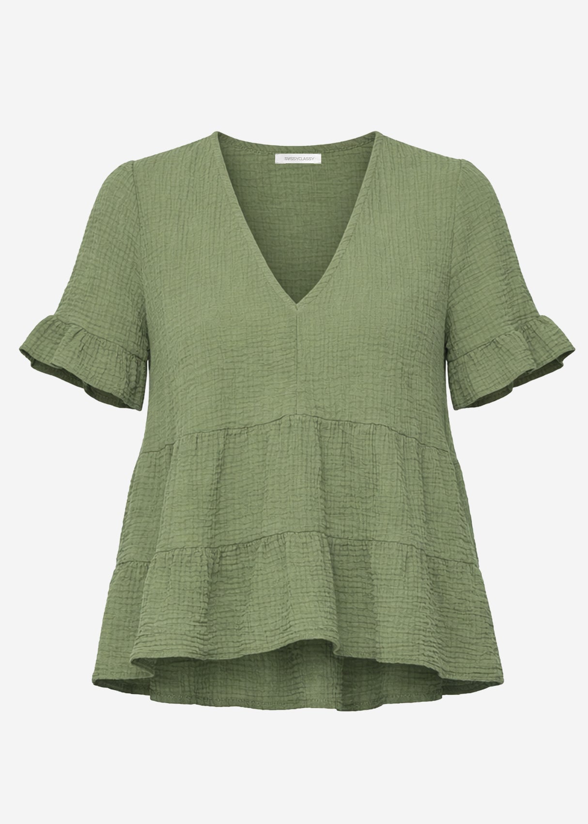 Musselin Shirt mit Volants und tiefem V-Ausschnitt - khaki