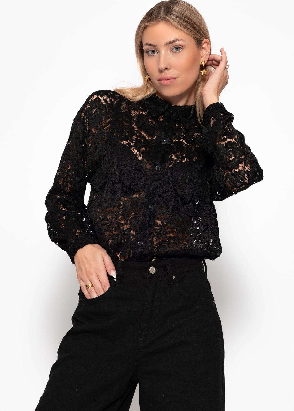 Bluse aus transparenter Spitze - schwarz