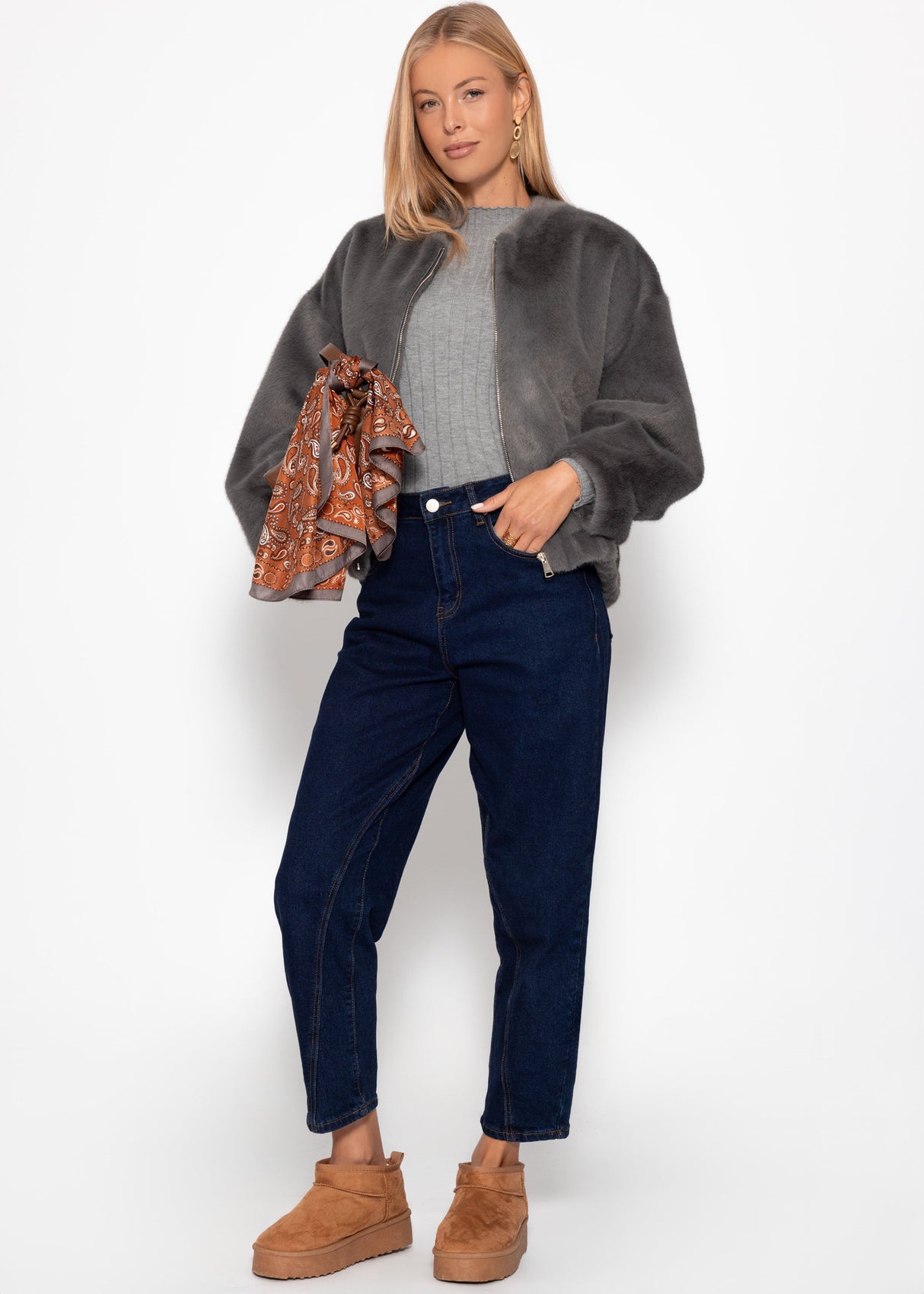 Faux fur bomber jacket - gray