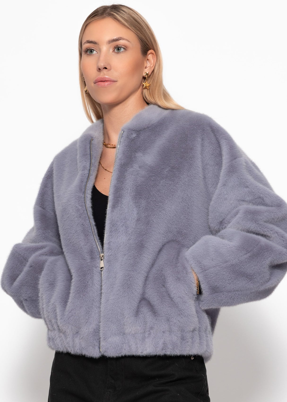 Bomberjacke aus Fellimitat - lavendelgrau