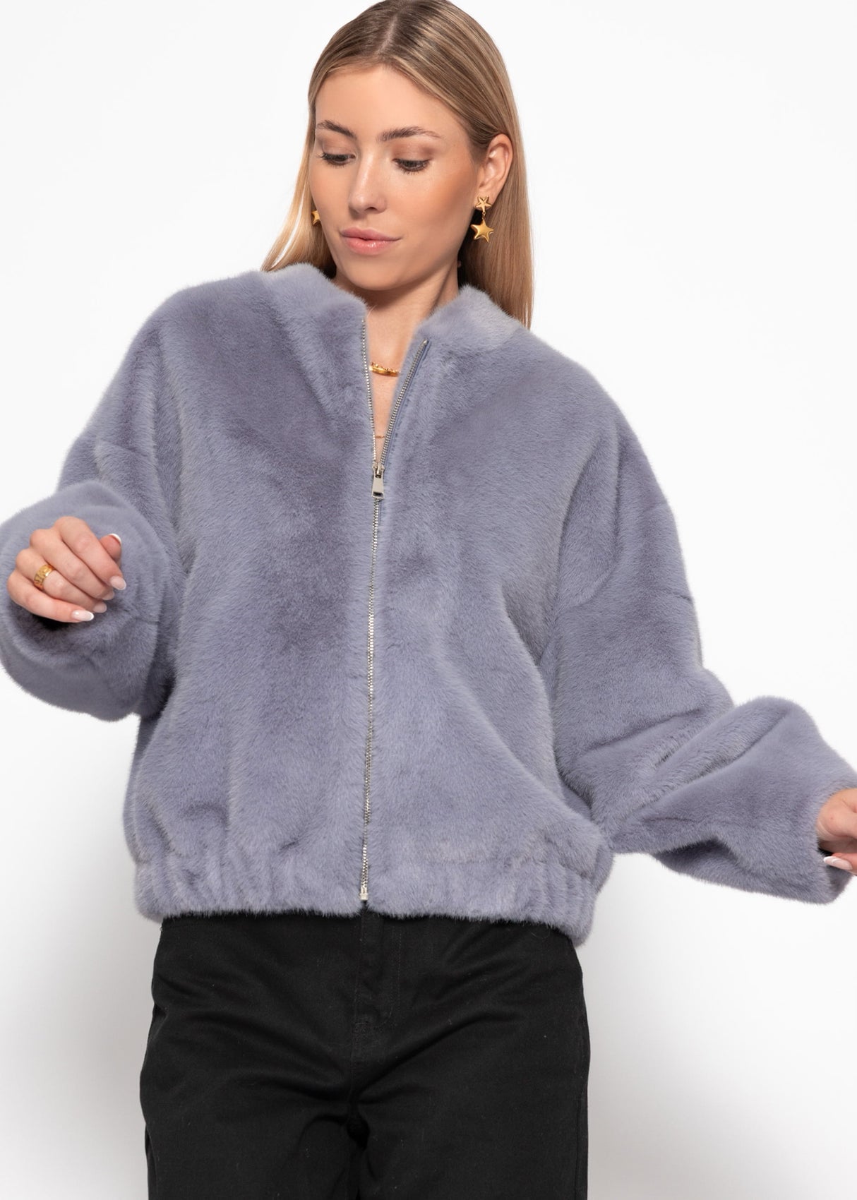 Bomberjacke aus Fellimitat - lavendelgrau