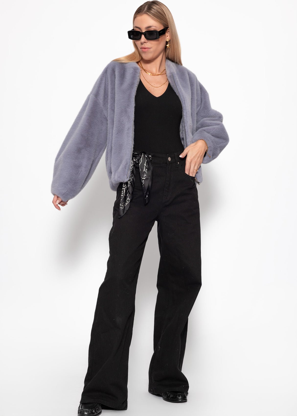 Bomberjacke aus Fellimitat - lavendelgrau