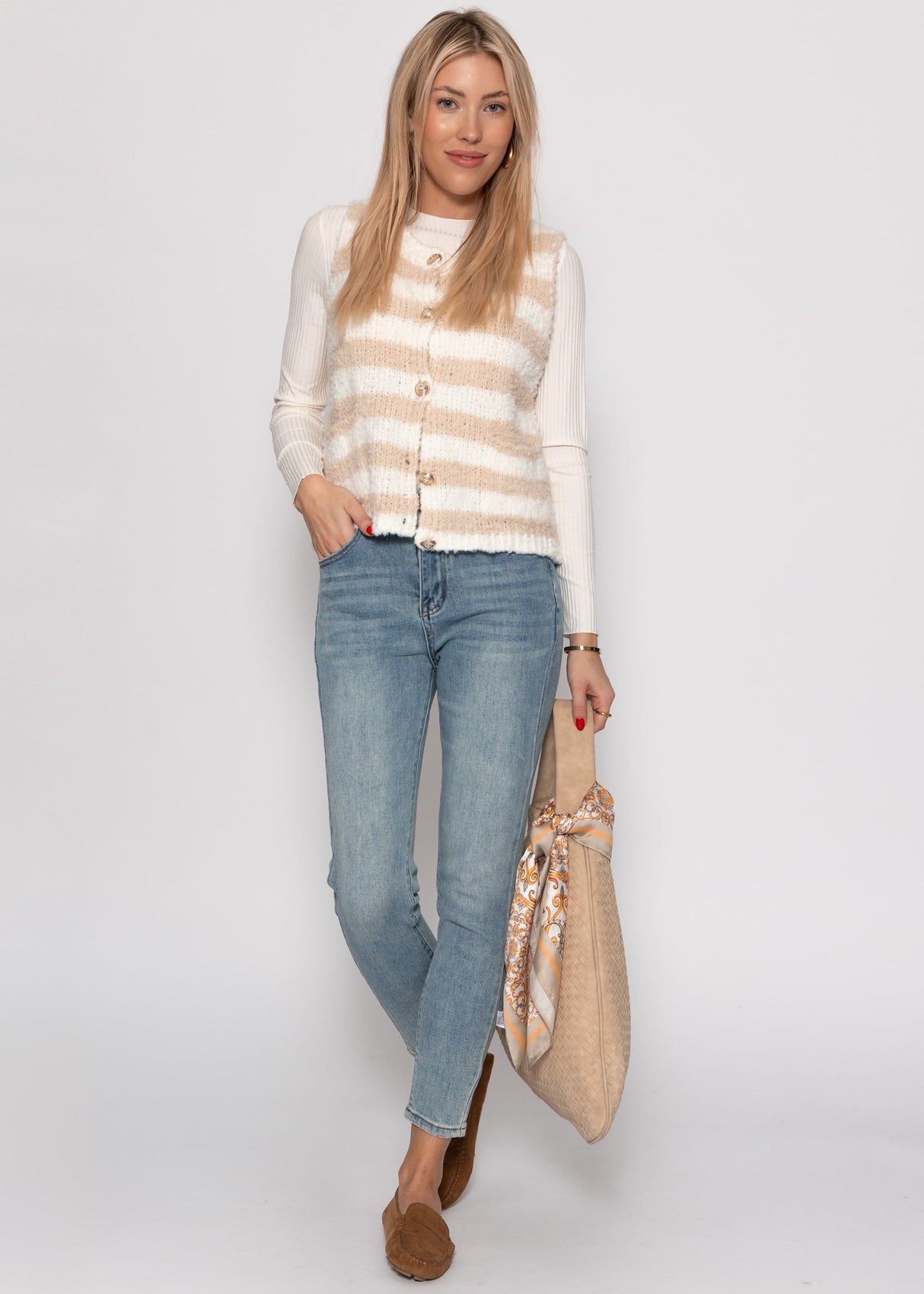 Bouclé vest with block stripes - beige-off-white