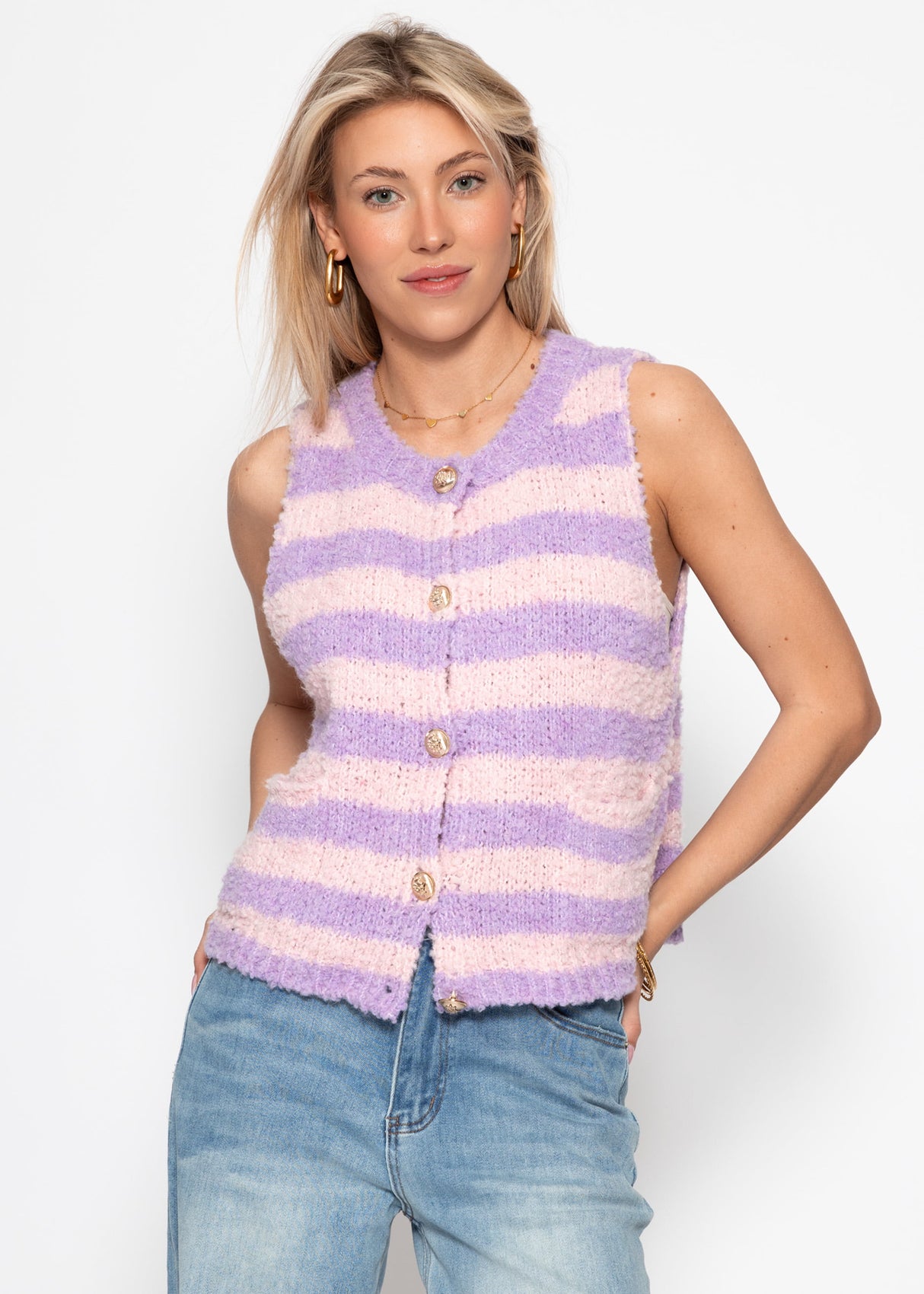 Bouclé-Weste mit Blockstreifen - rosa-flieder
