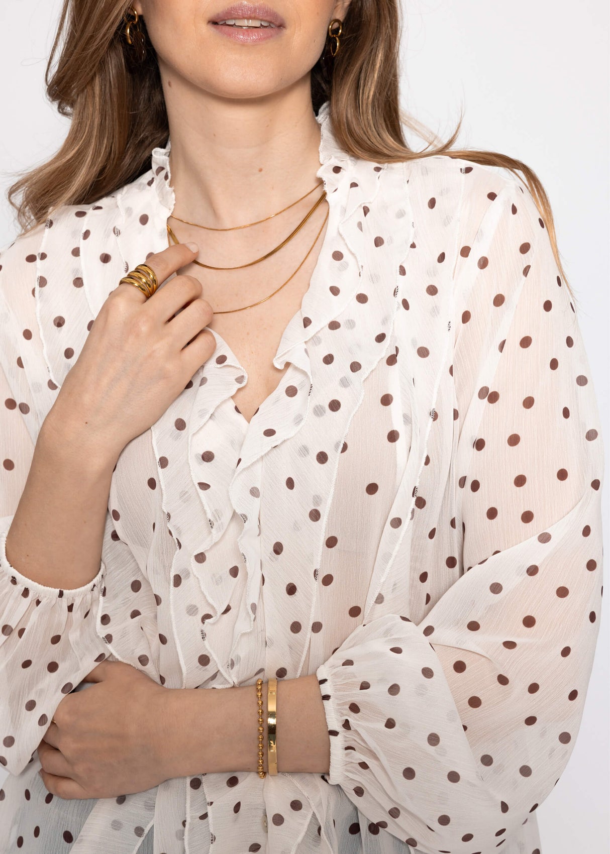Chiffon blouse with ruffles and polka dot pattern - off-white