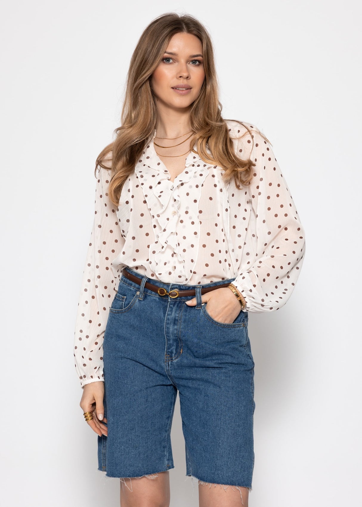 Chiffon blouse with ruffles and polka dot pattern - off-white