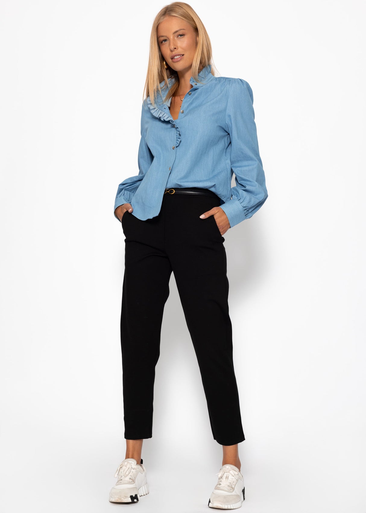 Denim blouse with ruffles - blue