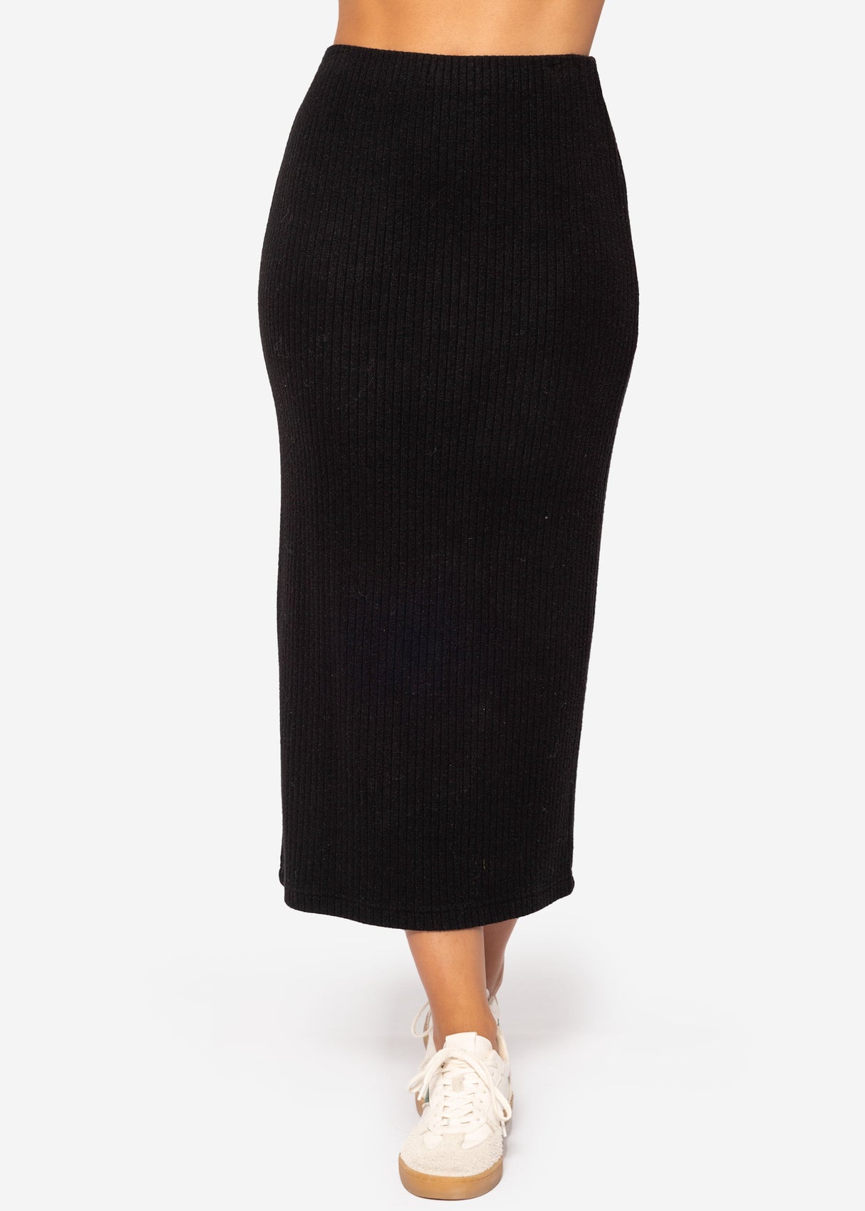 Ribbed midi-length skirt - black