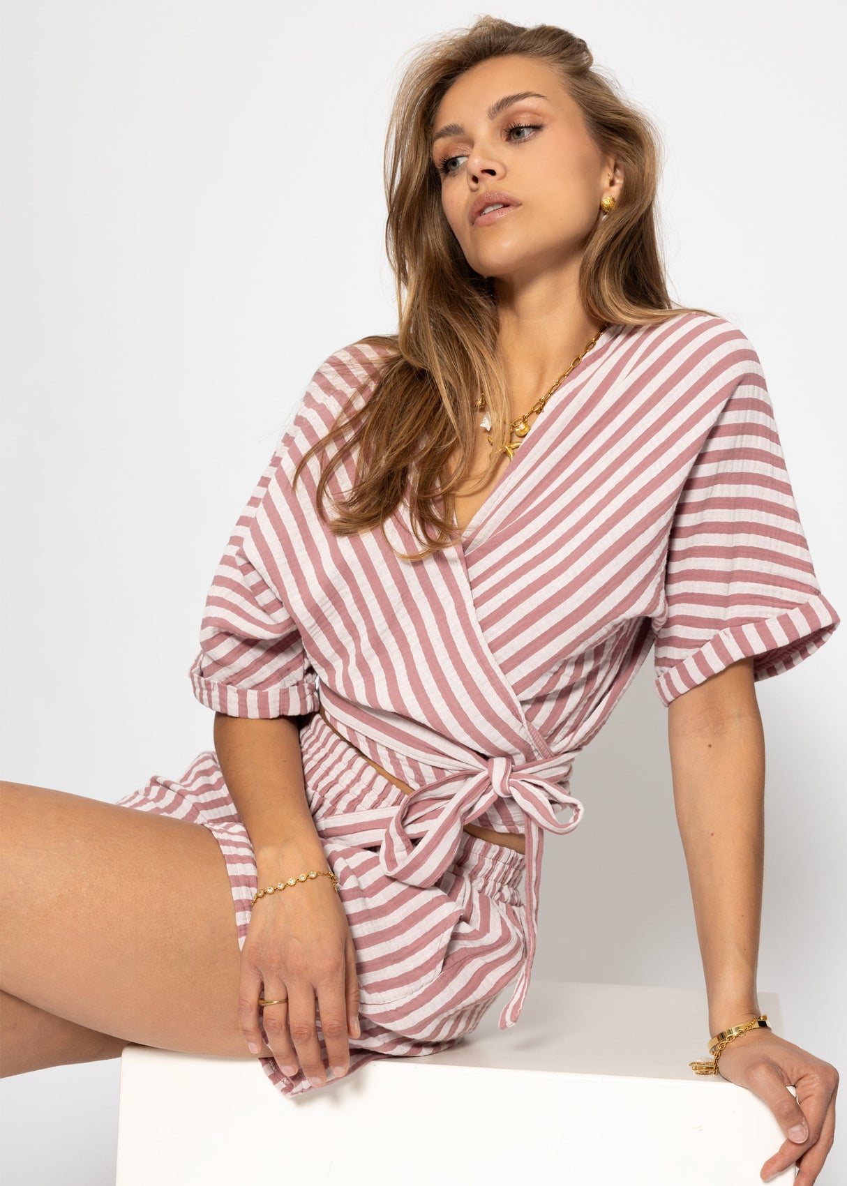 Striped Musselin Wickel Blouse - Altrosa