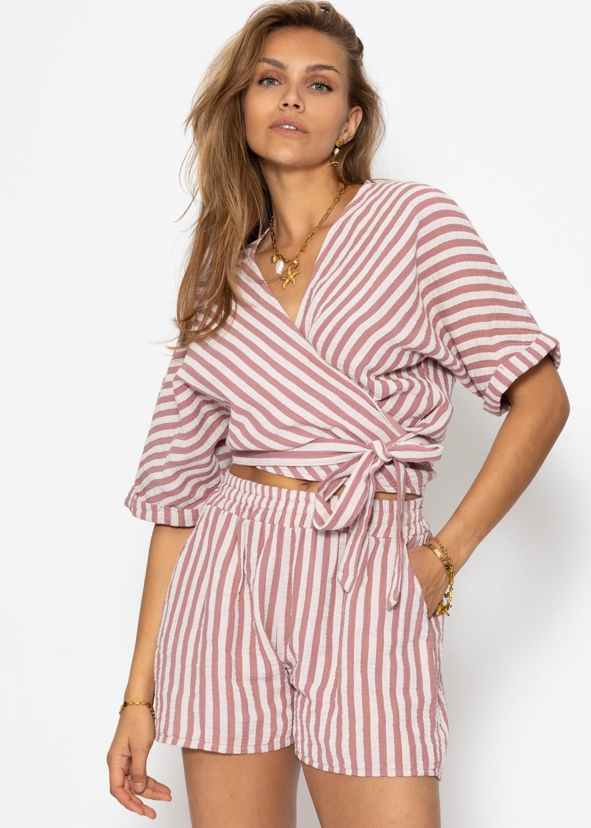 Striped Musselin Wickel Blouse - Altrosa