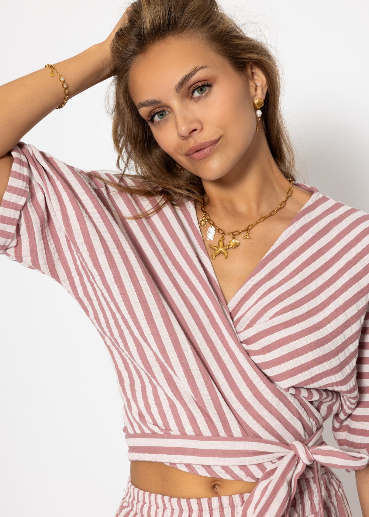 Striped Musselin Wickel Blouse - Altrosa