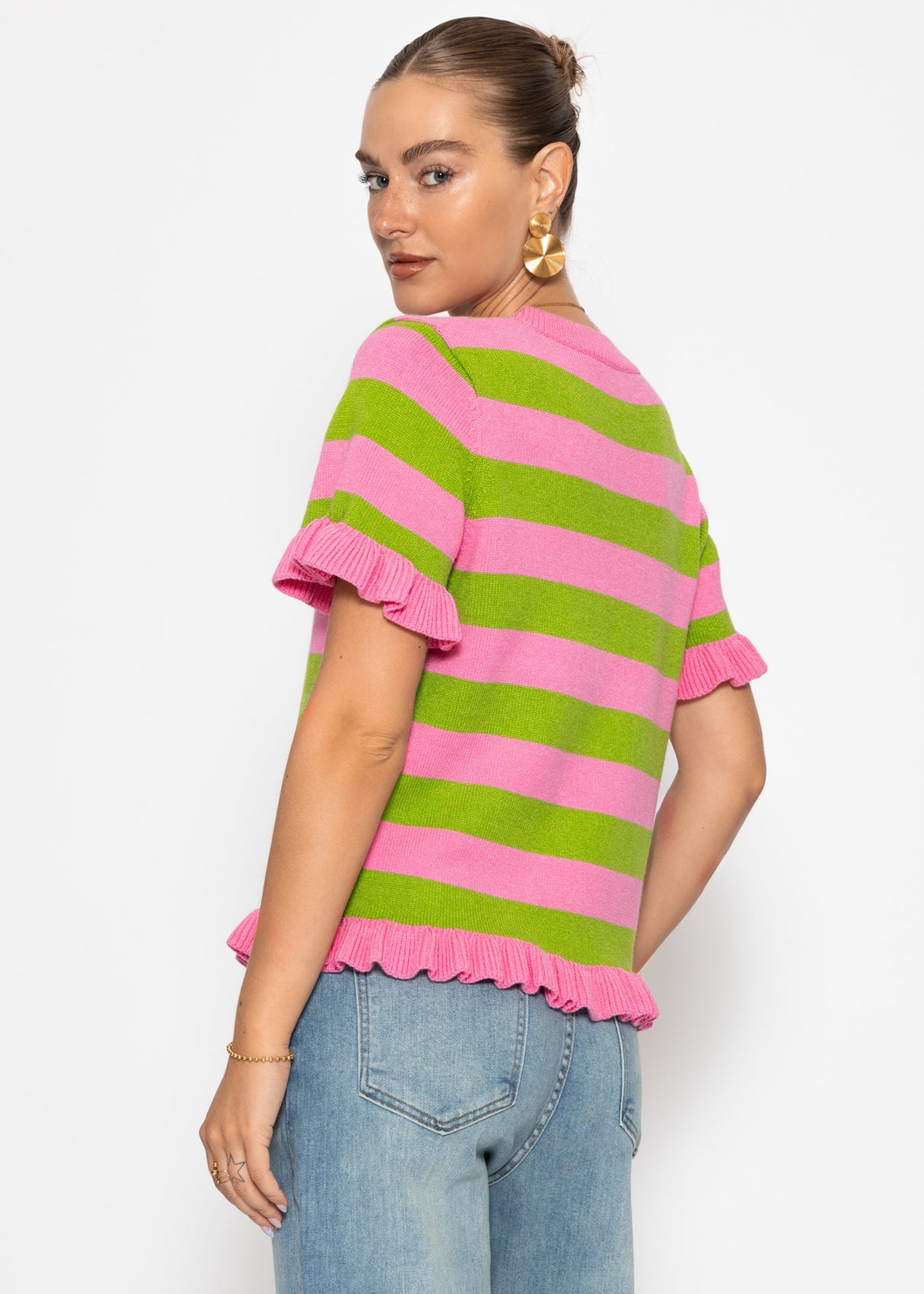 Gestreifter Kurzarm-Pullover mit Volants - pink-grün