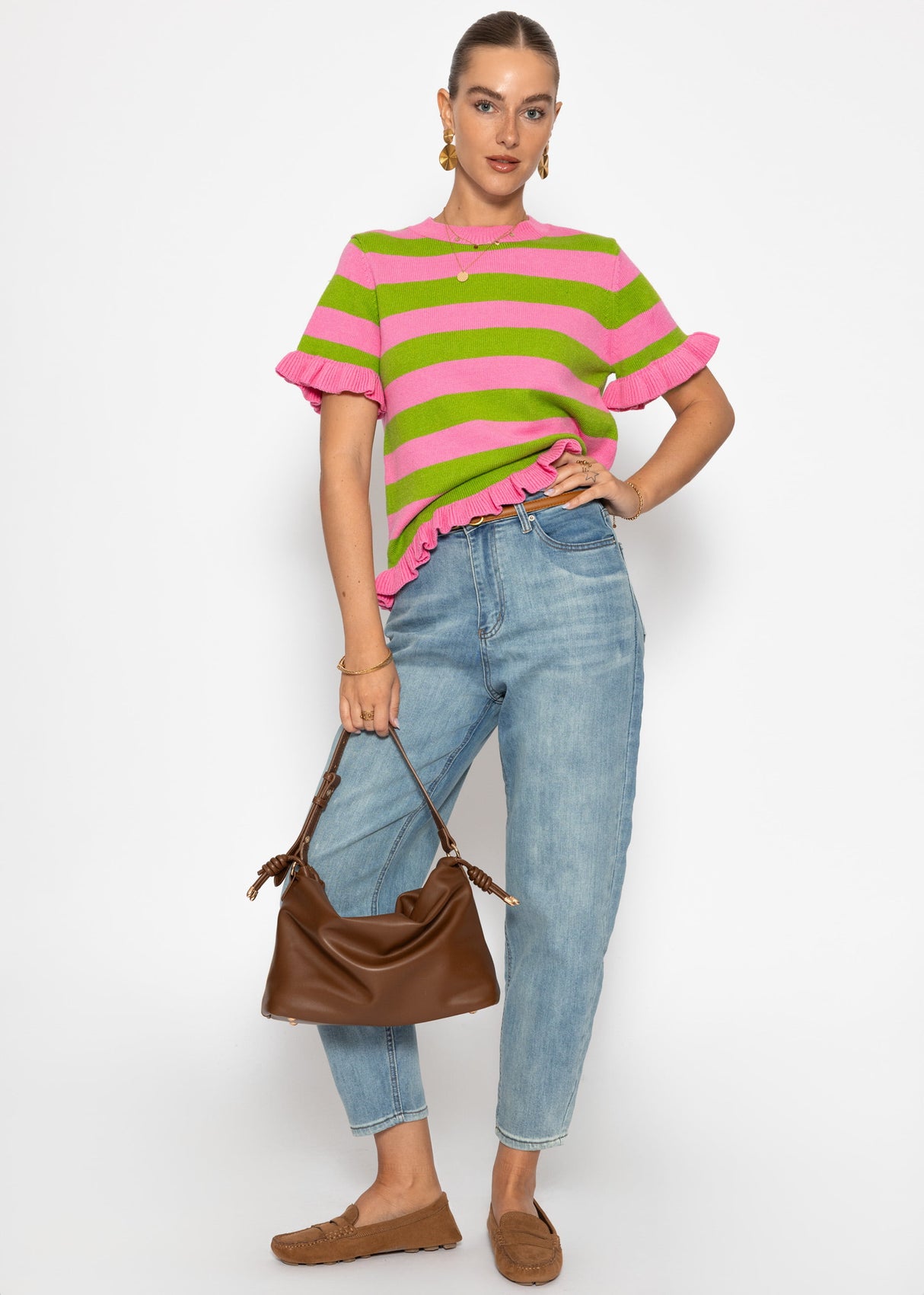 Gestreifter Kurzarm-Pullover mit Volants - pink-grün