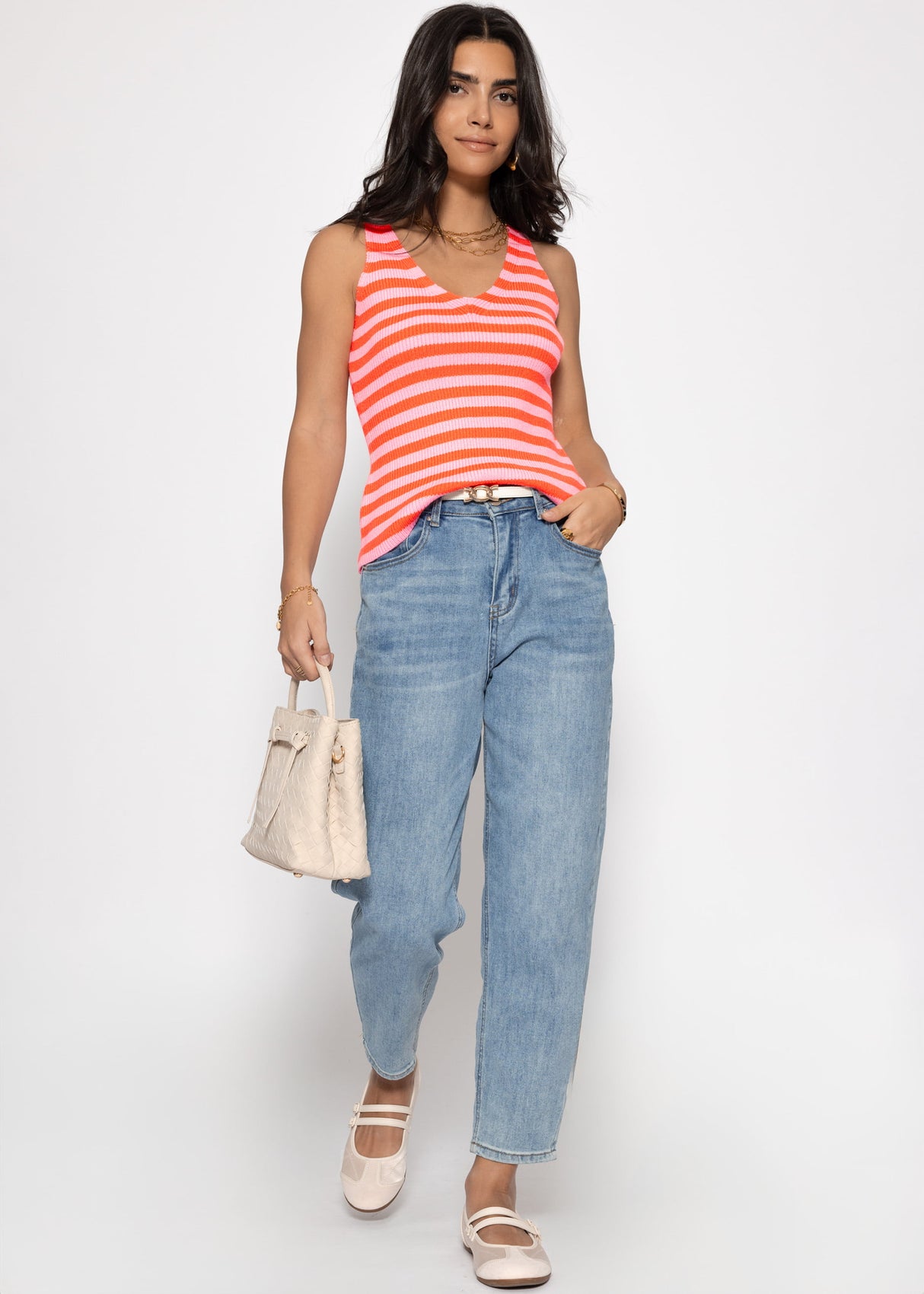 Striped Knit V-Neck Top - Orange-Pink