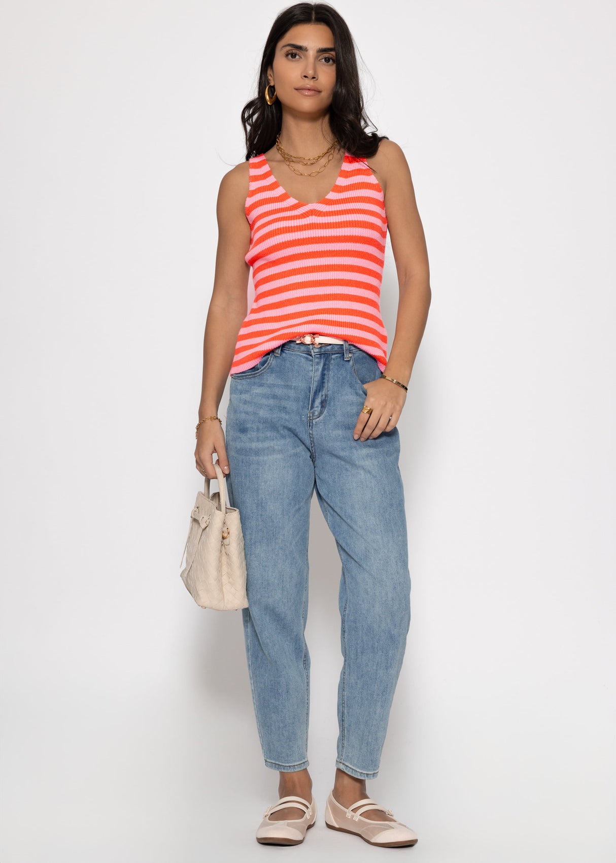 Striped Knit V-Neck Top - Orange-Pink