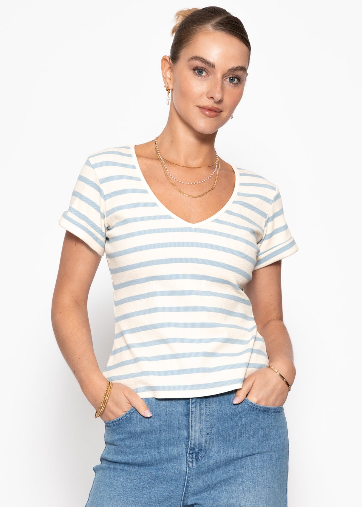 Gestreiftes T-Shirt mit V-Ausschnitt - blau-offwhite