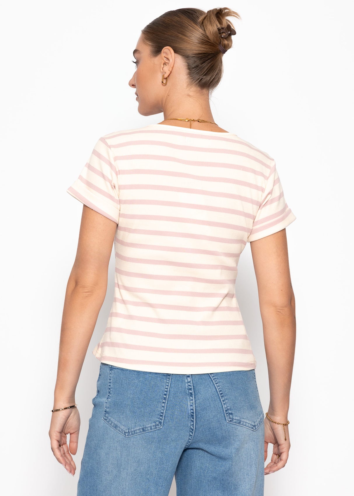 Gestreiftes T-Shirt mit V-Ausschnitt - rosa-offwhite