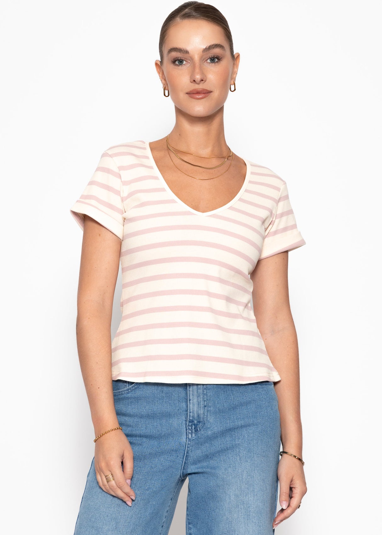 Gestreiftes T-Shirt mit V-Ausschnitt - rosa-offwhite