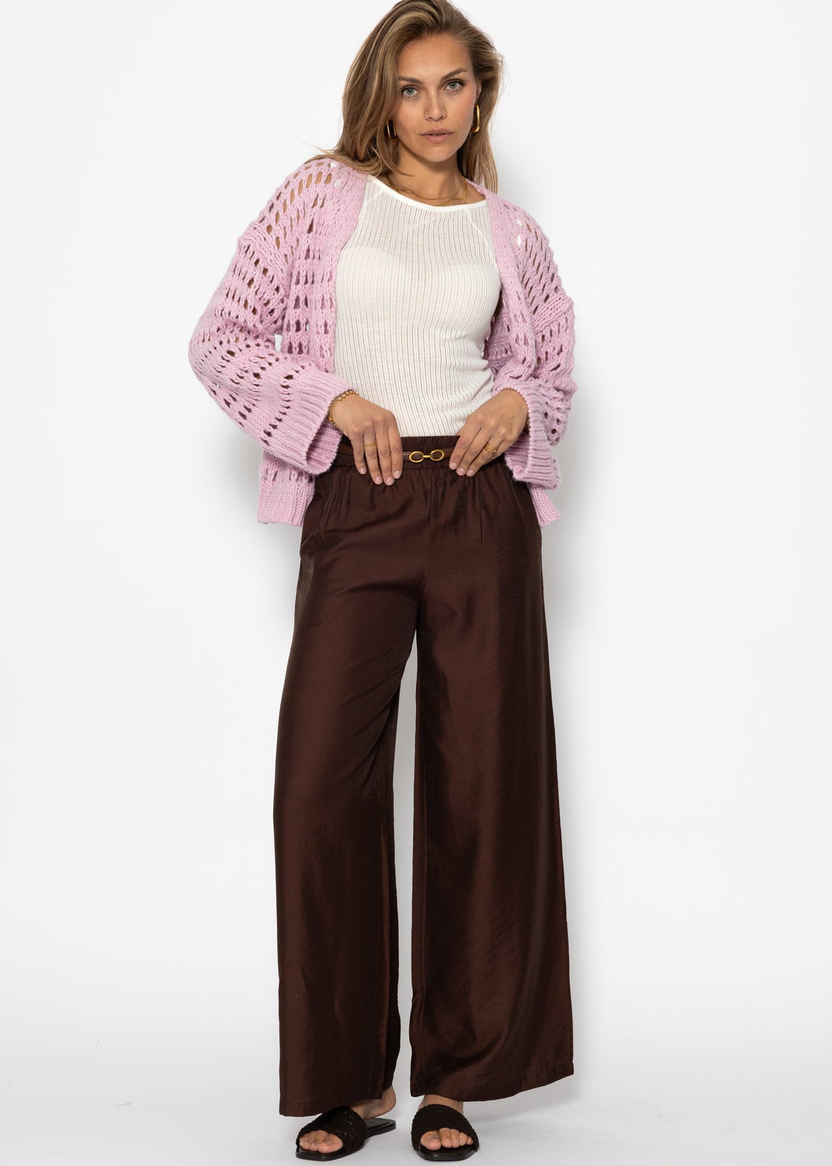 Shiny fabric trousers with a straight leg - brown
